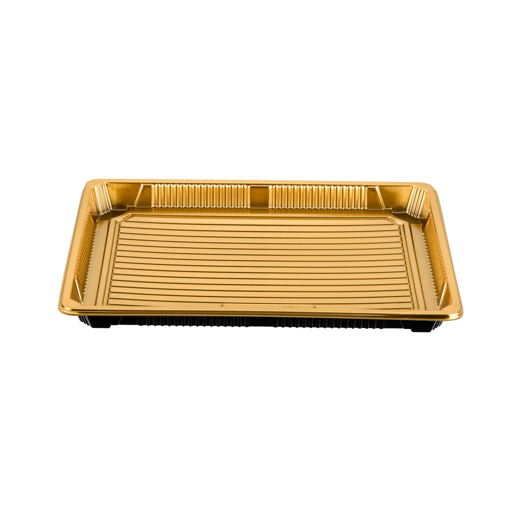 Roku Rectangle Gold Plastic Take Out Sushi Tray - with Clear Lid - 10" x 7 1/4" x 1 3/4" - 100 count box
