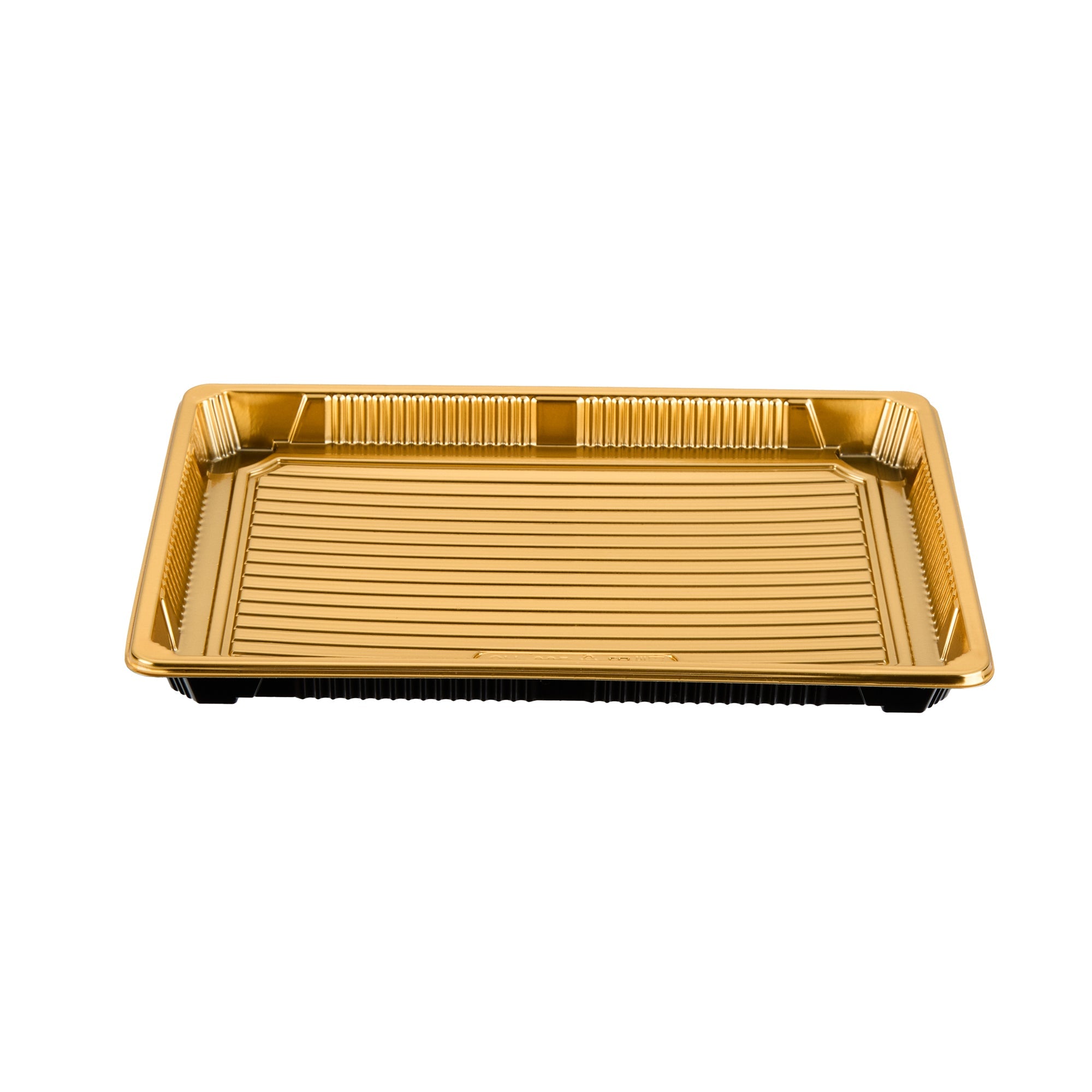 Roku Rectangle Gold Plastic Take Out Sushi Tray - with Clear Lid - 10" x 7 1/4" x 1 3/4" - 100 count box