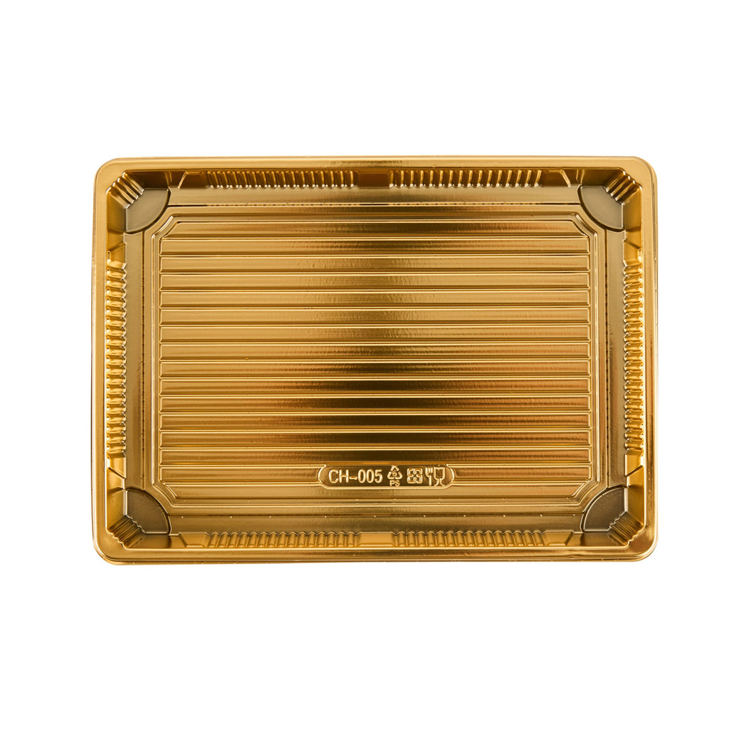 Roku Rectangle Gold Plastic Take Out Sushi Tray - with Clear Lid - 10" x 7 1/4" x 1 3/4" - 100 count box