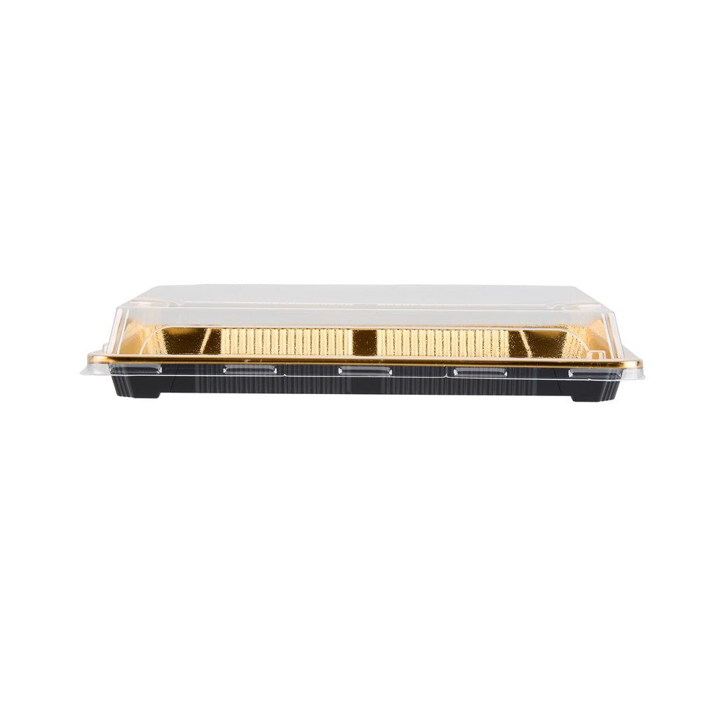 Roku Rectangle Gold Plastic Take Out Sushi Tray - with Clear Lid - 10" x 7 1/4" x 1 3/4" - 100 count box