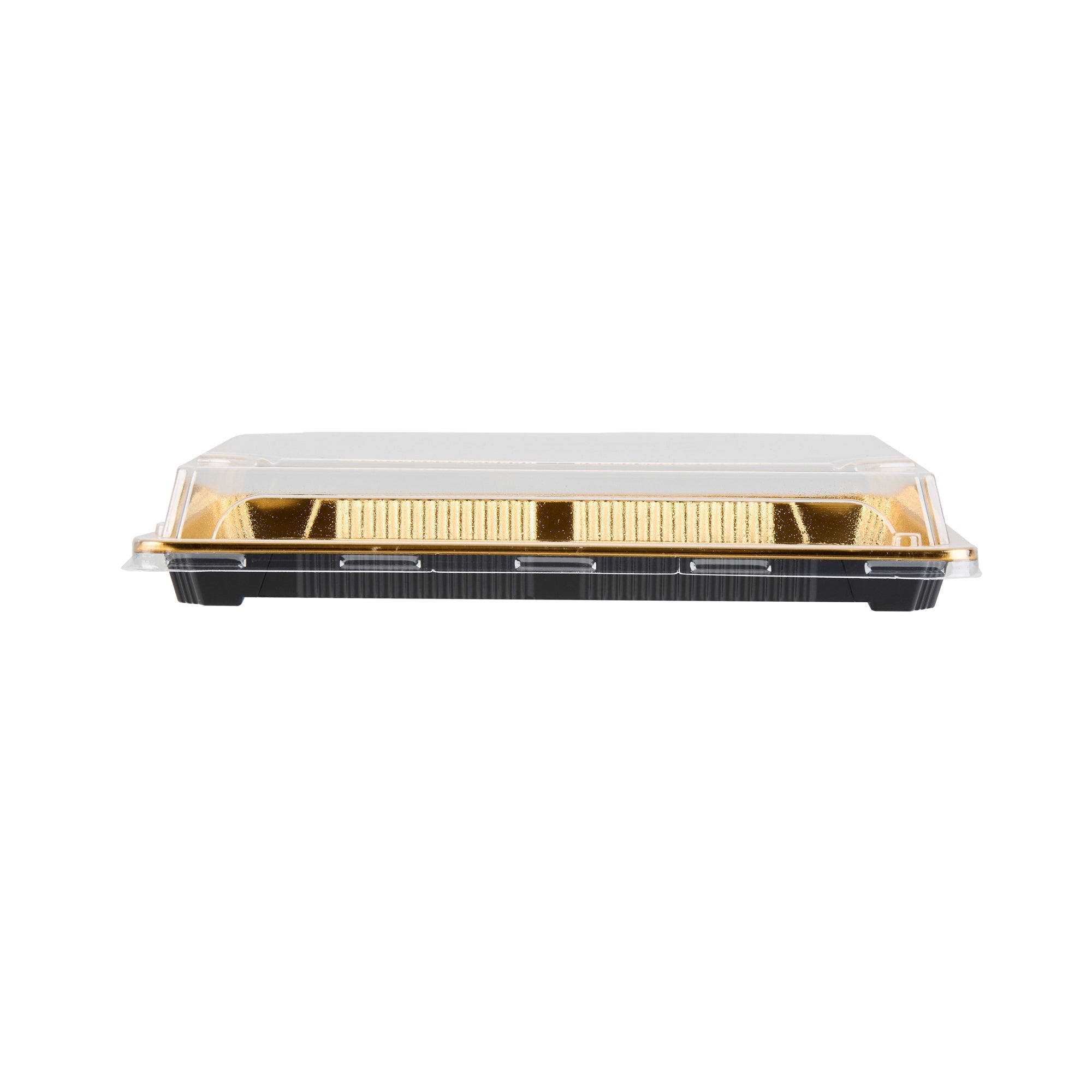 Roku Rectangle Gold Plastic Take Out Sushi Tray - with Clear Lid - 10" x 7 1/4" x 1 3/4" - 100 count box
