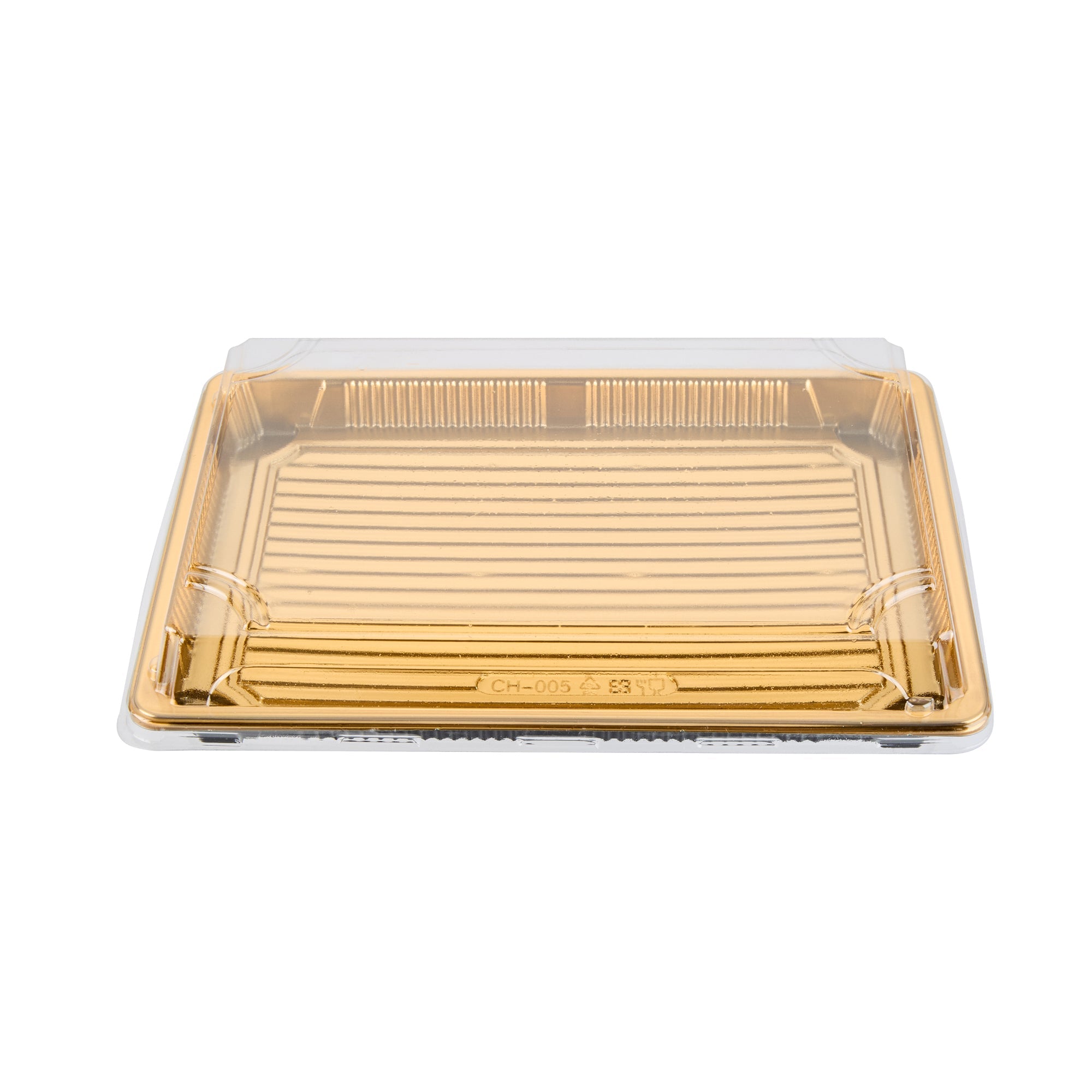 Roku Rectangle Gold Plastic Take Out Sushi Tray - with Clear Lid - 10" x 7 1/4" x 1 3/4" - 100 count box