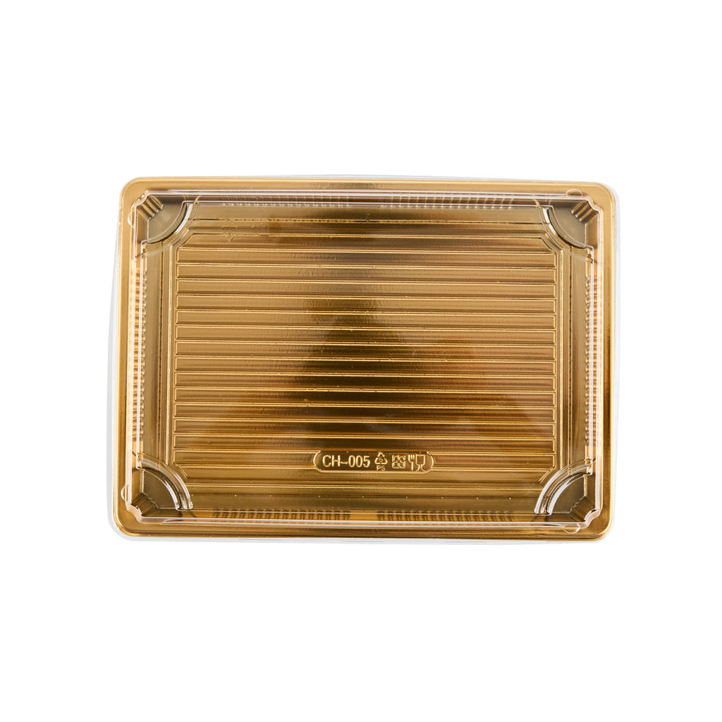 Roku Rectangle Gold Plastic Take Out Sushi Tray - with Clear Lid - 10" x 7 1/4" x 1 3/4" - 100 count box