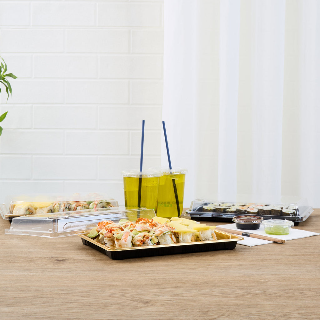 Roku Rectangle Gold Plastic Take Out Sushi Tray - with Clear Lid - 10" x 7 1/4" x 1 3/4" - 100 count box