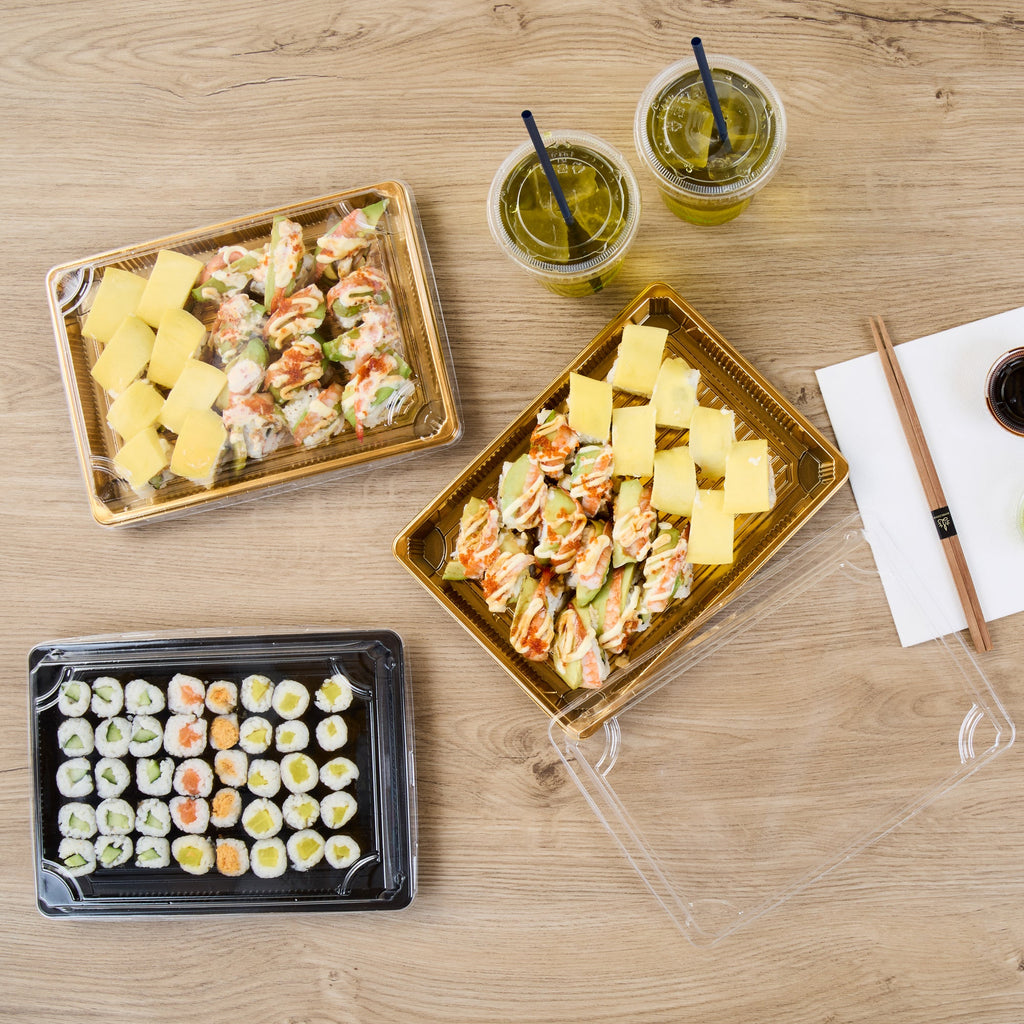 Roku Rectangle Gold Plastic Take Out Sushi Tray - with Clear Lid - 10" x 7 1/4" x 1 3/4" - 100 count box