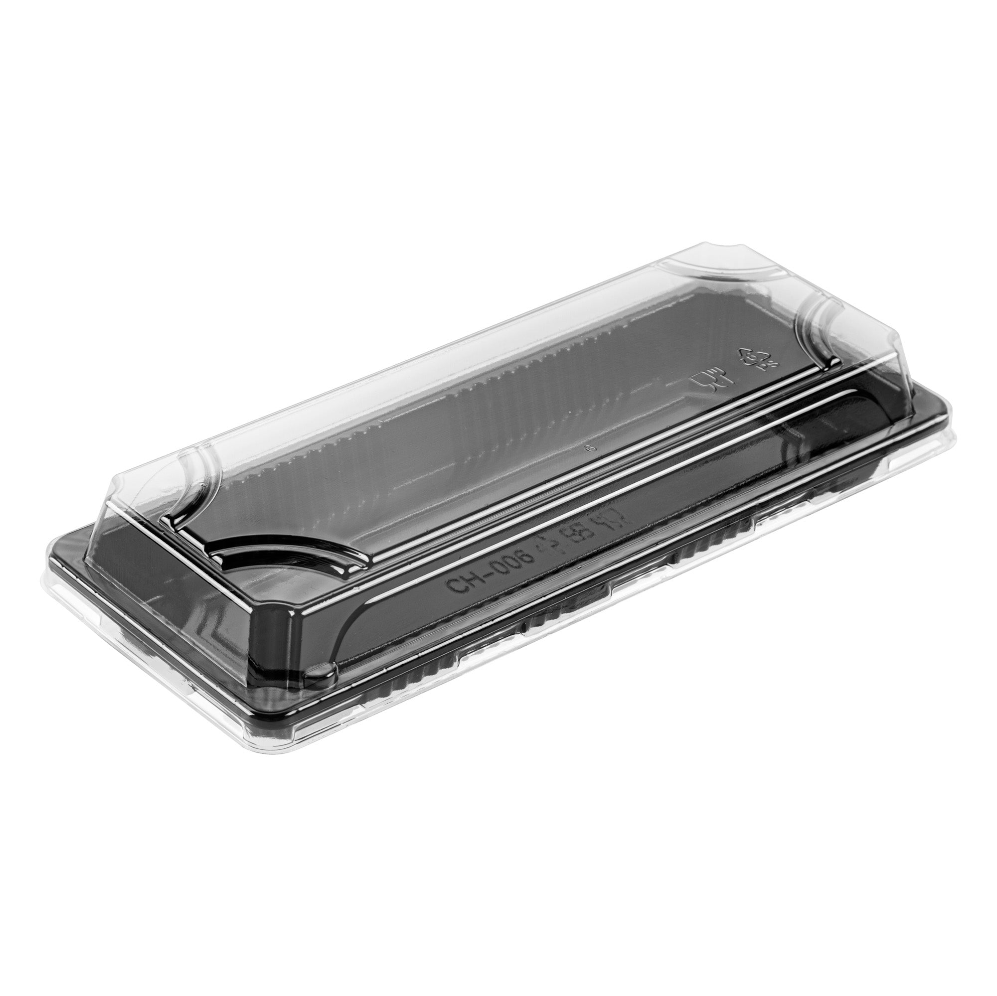 Roku Rectangle Black Plastic Take Out Sushi Tray - with Clear Lid - 8 1/2" x 3 1/4" x 1 3/4" - 100 count box