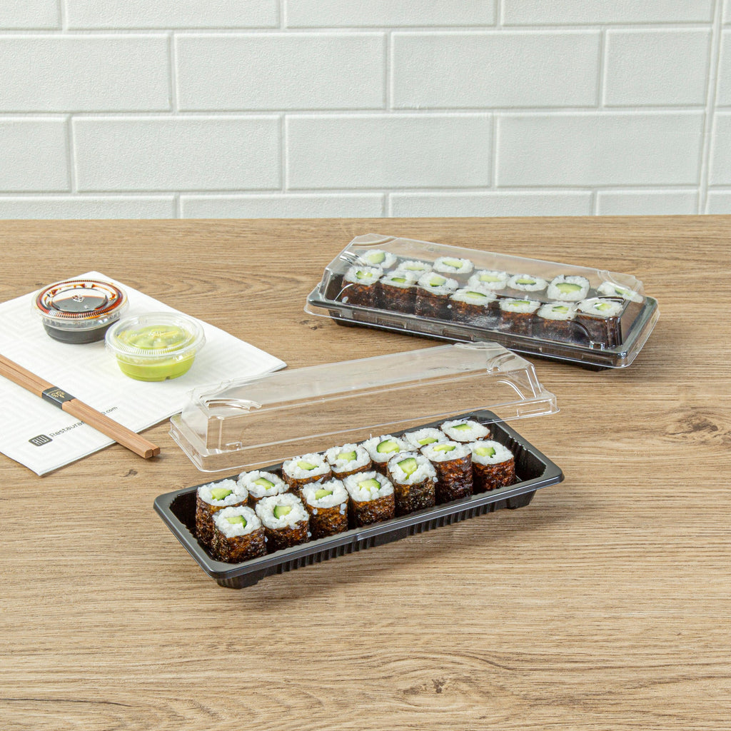 Roku Rectangle Black Plastic Take Out Sushi Tray - with Clear Lid - 8 1/2" x 3 1/4" x 1 3/4" - 100 count box