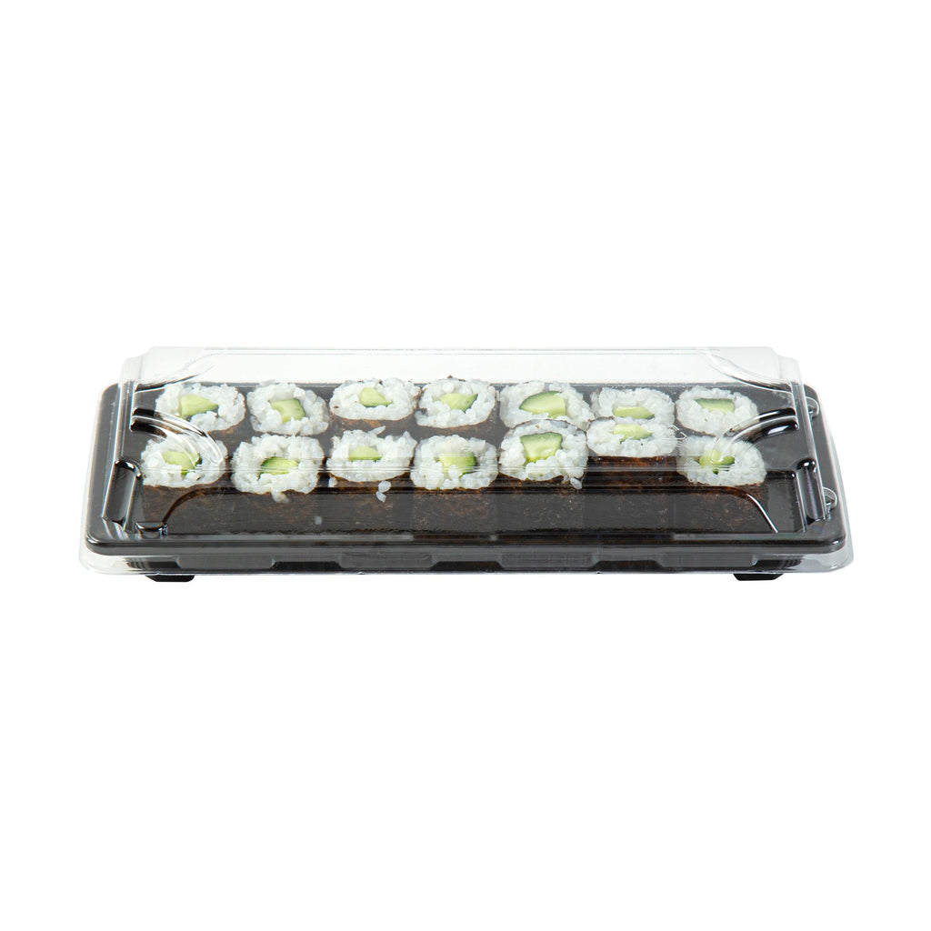 Roku Rectangle Black Plastic Take Out Sushi Tray - with Clear Lid - 8 1/2" x 3 1/4" x 1 3/4" - 100 count box
