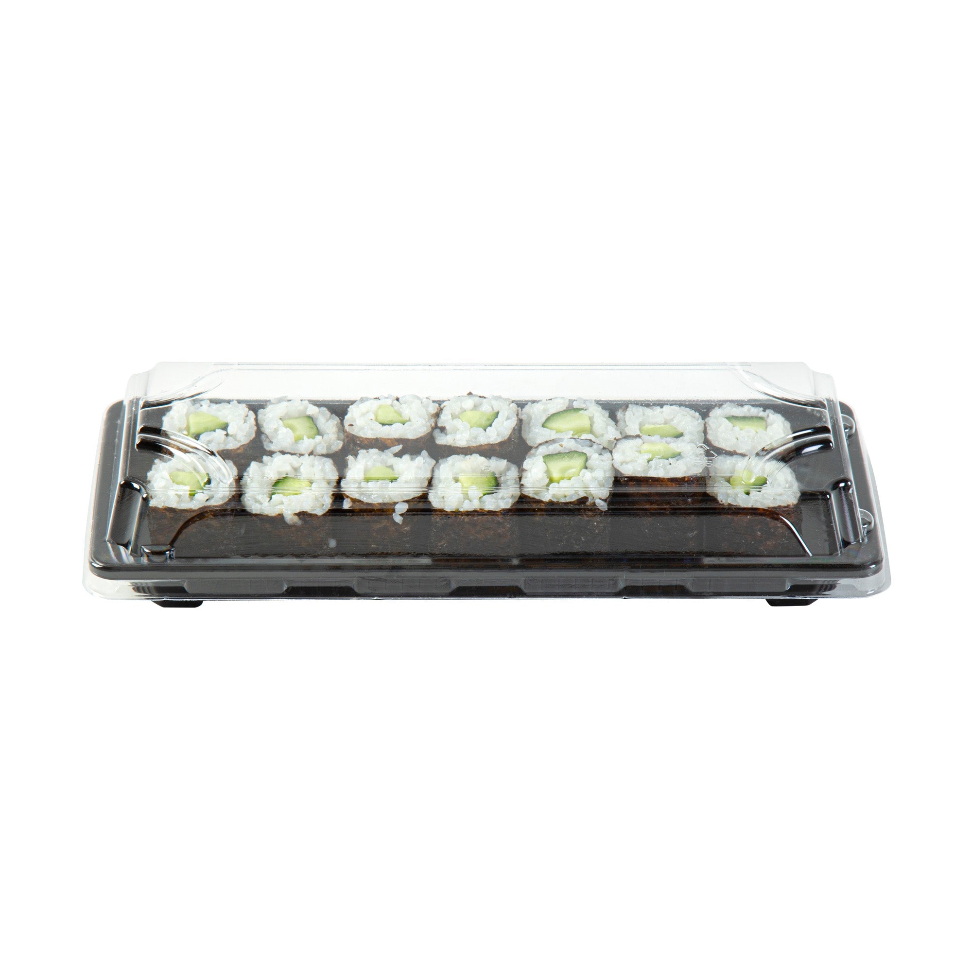 Roku Rectangle Black Plastic Take Out Sushi Tray - with Clear Lid - 8 1/2" x 3 1/4" x 1 3/4" - 100 count box