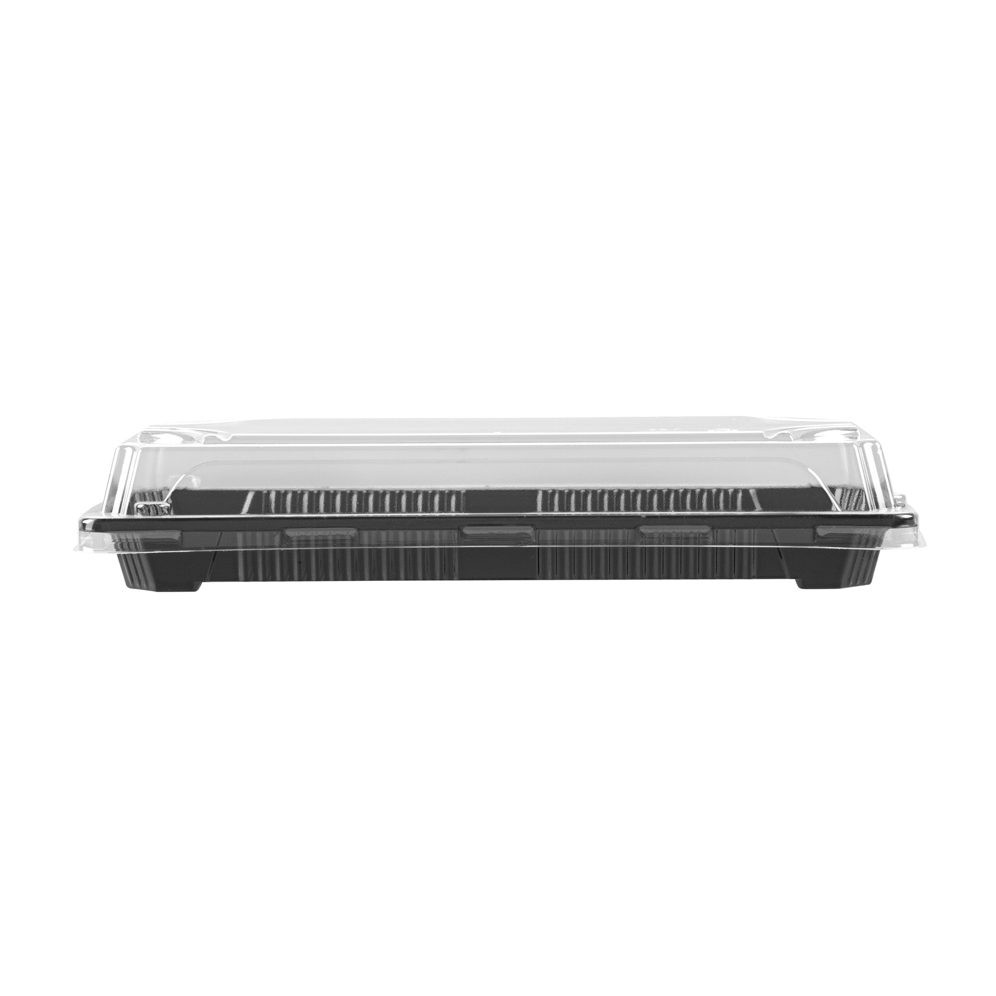 Roku Rectangle Black Plastic Take Out Sushi Tray - with Clear Lid - 8 1/2" x 3 1/4" x 1 3/4" - 100 count box