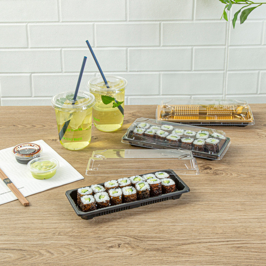 Roku Rectangle Black Plastic Take Out Sushi Tray - with Clear Lid - 8 1/2" x 3 1/4" x 1 3/4" - 100 count box