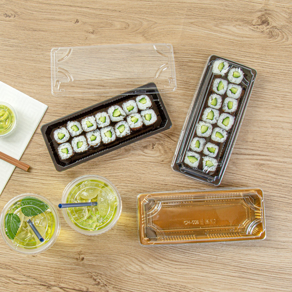 Roku Rectangle Black Plastic Take Out Sushi Tray - with Clear Lid - 8 1/2" x 3 1/4" x 1 3/4" - 100 count box