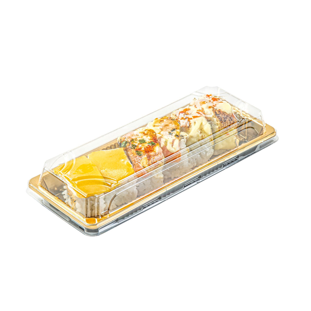 Roku Rectangle Gold Plastic Take Out Sushi Tray - with Clear Lid - 8 1/2" x 3 1/4" x 1 3/4" - 100 count box