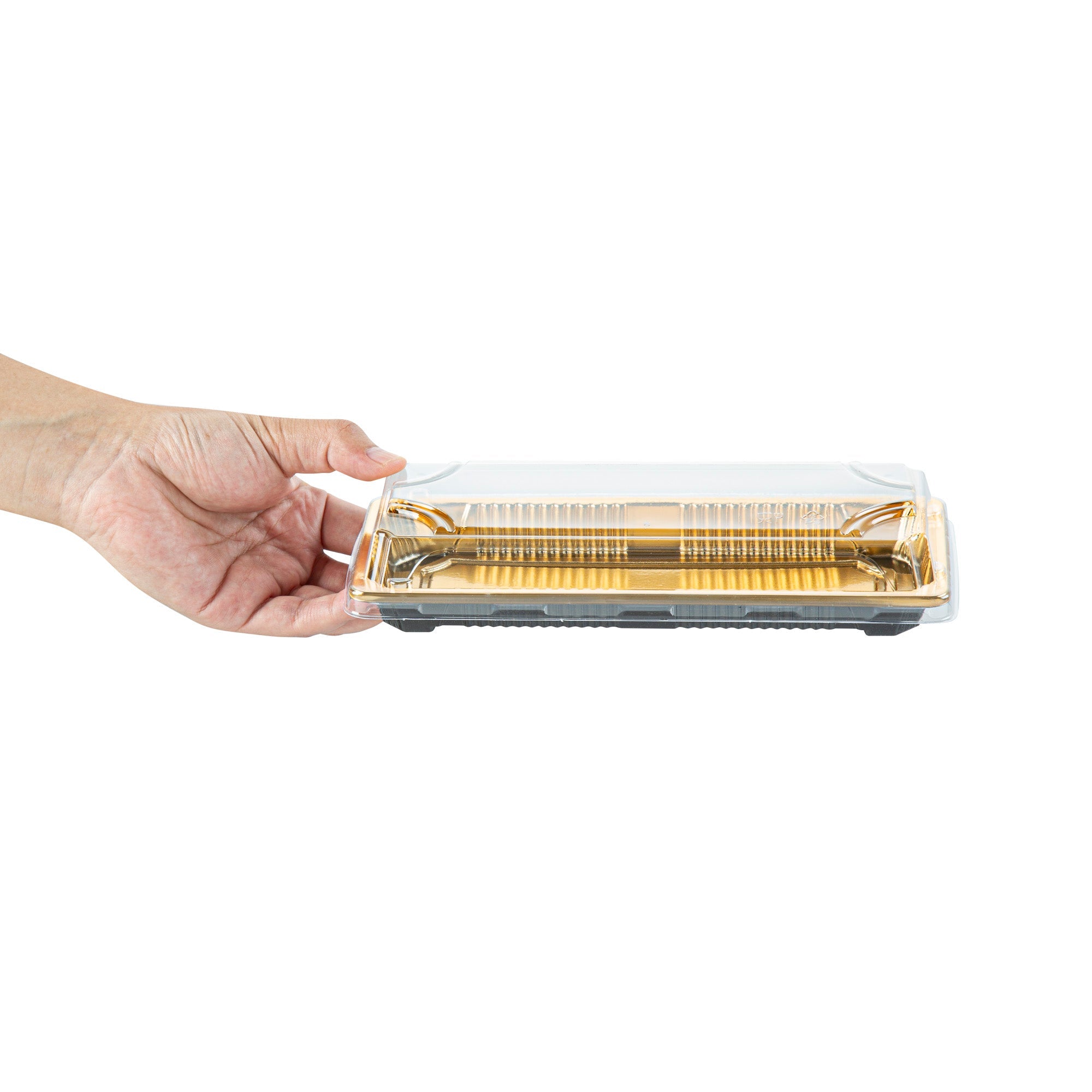 Roku Rectangle Gold Plastic Take Out Sushi Tray - with Clear Lid - 8 1/2" x 3 1/4" x 1 3/4" - 100 count box