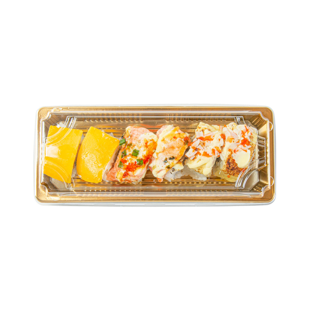 Roku Rectangle Gold Plastic Take Out Sushi Tray - with Clear Lid - 8 1/2" x 3 1/4" x 1 3/4" - 100 count box
