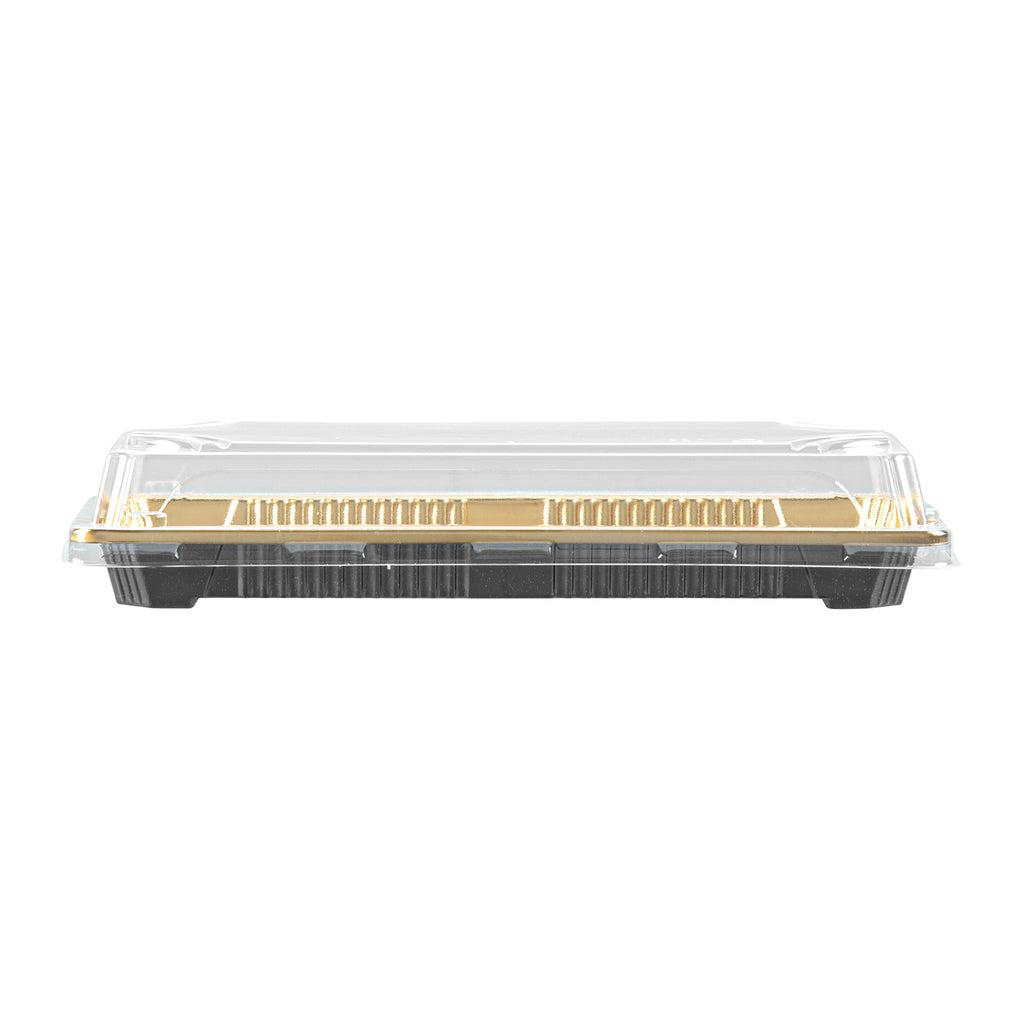Roku Rectangle Gold Plastic Take Out Sushi Tray - with Clear Lid - 8 1/2" x 3 1/4" x 1 3/4" - 100 count box