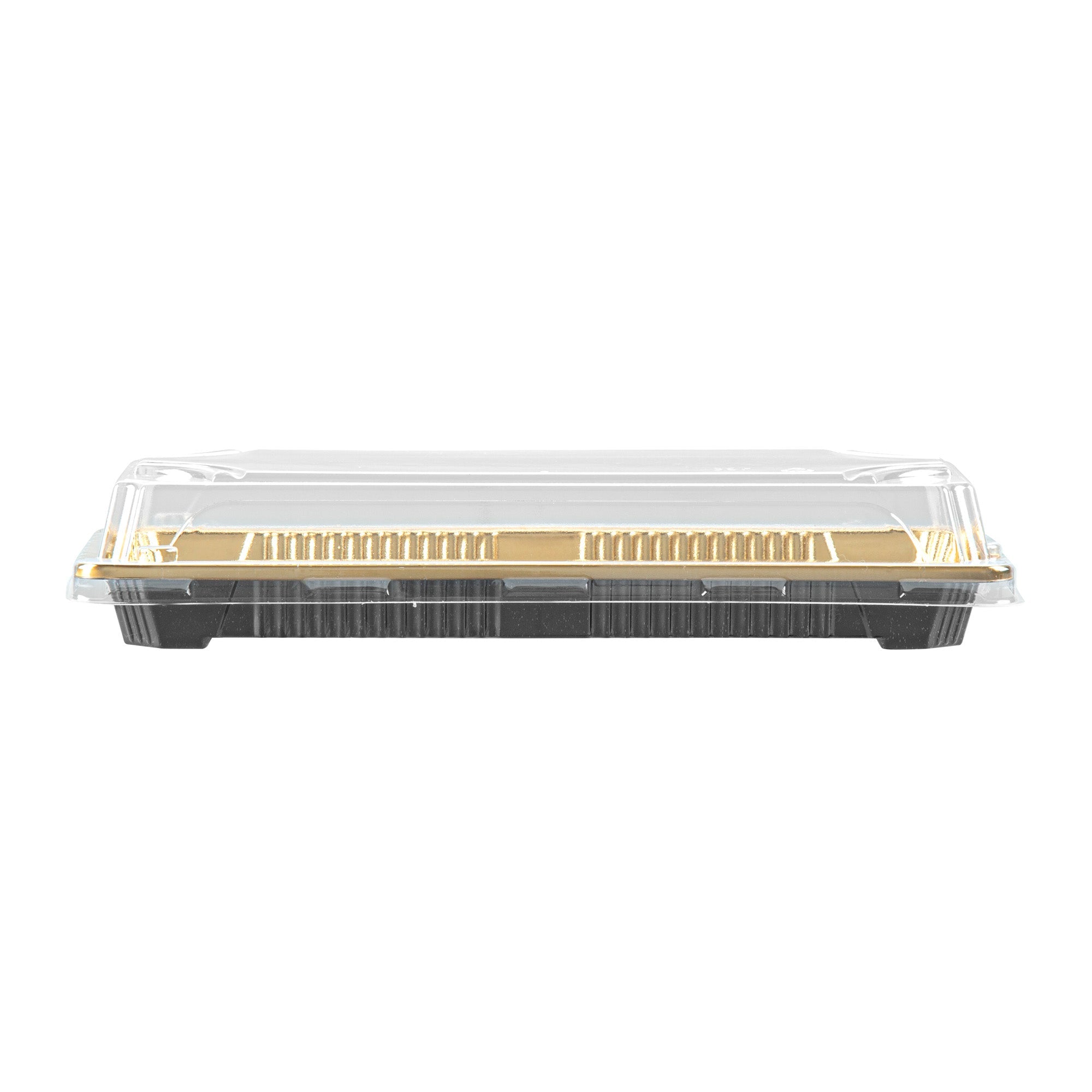 Roku Rectangle Gold Plastic Take Out Sushi Tray - with Clear Lid - 8 1/2" x 3 1/4" x 1 3/4" - 100 count box