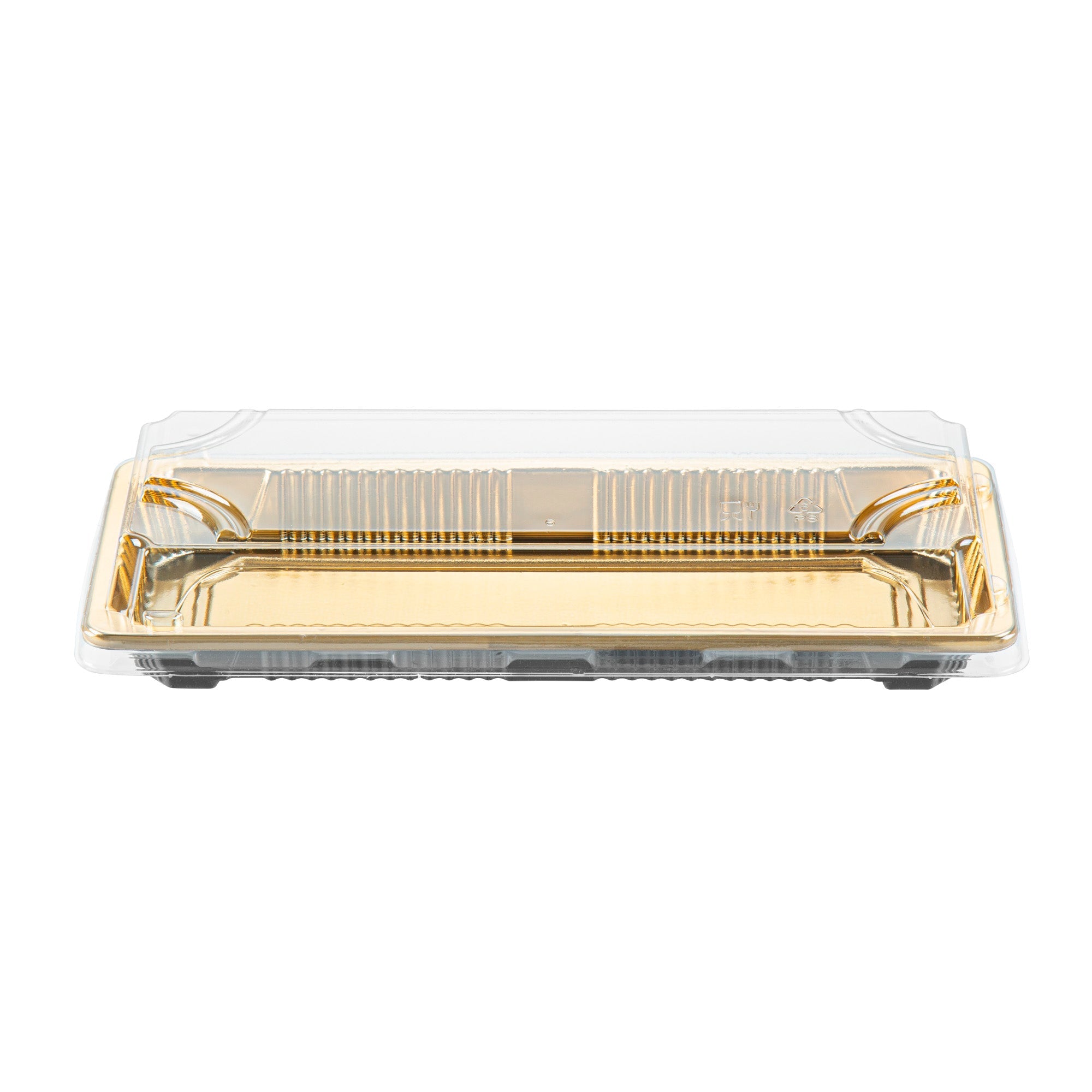 Roku Rectangle Gold Plastic Take Out Sushi Tray - with Clear Lid - 8 1/2" x 3 1/4" x 1 3/4" - 100 count box