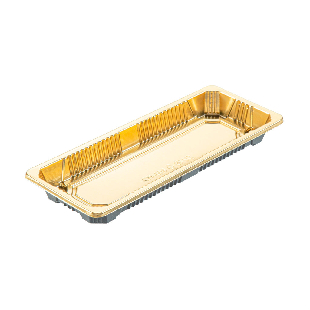 Roku Rectangle Gold Plastic Take Out Sushi Tray - with Clear Lid - 8 1/2" x 3 1/4" x 1 3/4" - 100 count box