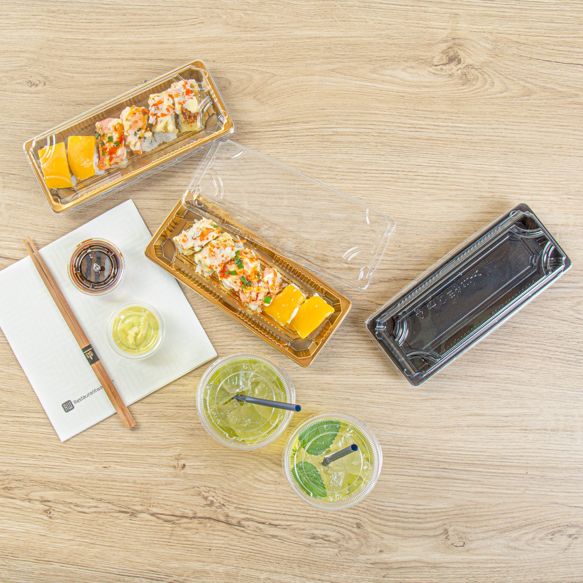 Roku Rectangle Gold Plastic Take Out Sushi Tray - with Clear Lid - 8 1/2" x 3 1/4" x 1 3/4" - 100 count box