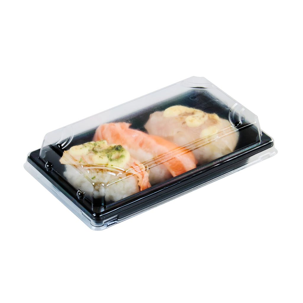Roku Rectangle Black Plastic Take Out Sushi Tray - with Clear Lid - 5 1/4" x 3 1/4" x 1 1/2" - 100 count box