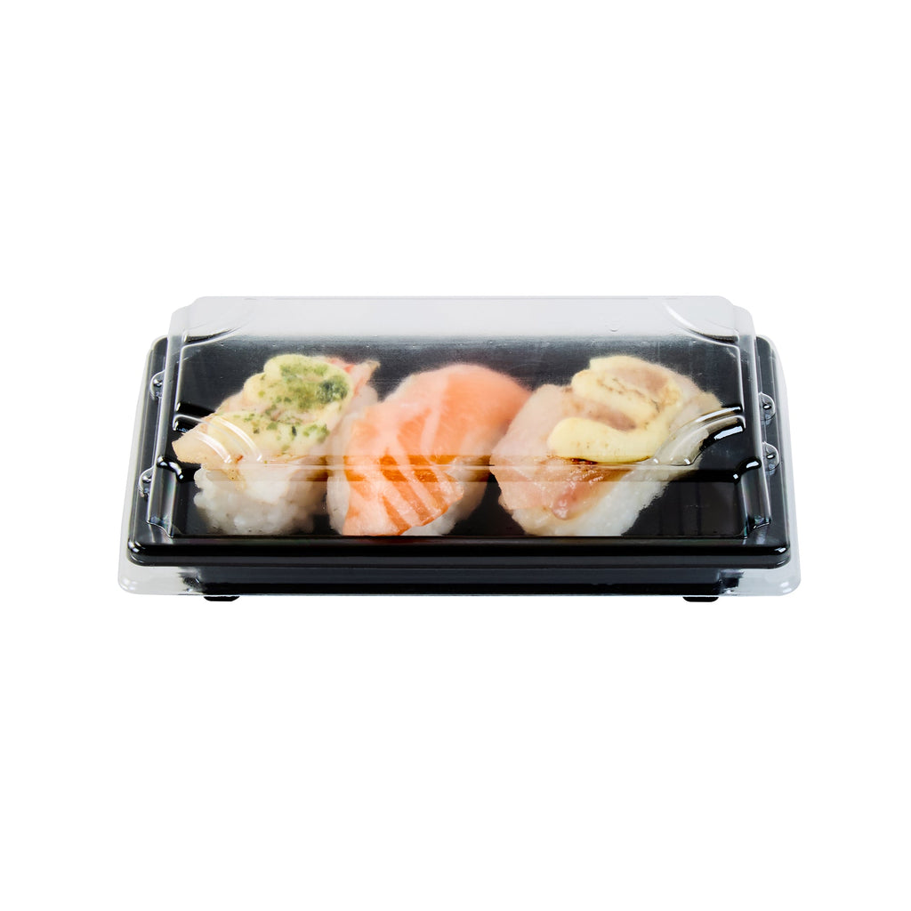 Roku Rectangle Black Plastic Take Out Sushi Tray - with Clear Lid - 5 1/4" x 3 1/4" x 1 1/2" - 100 count box