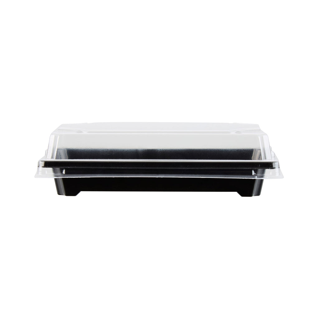 Roku Rectangle Black Plastic Take Out Sushi Tray - with Clear Lid - 5 1/4" x 3 1/4" x 1 1/2" - 100 count box