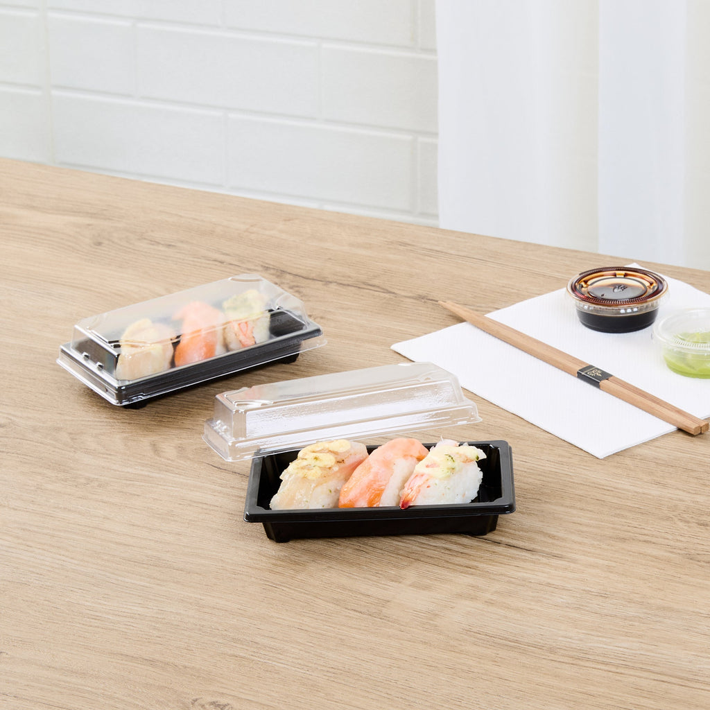 Roku Rectangle Black Plastic Take Out Sushi Tray - with Clear Lid - 5 1/4" x 3 1/4" x 1 1/2" - 100 count box