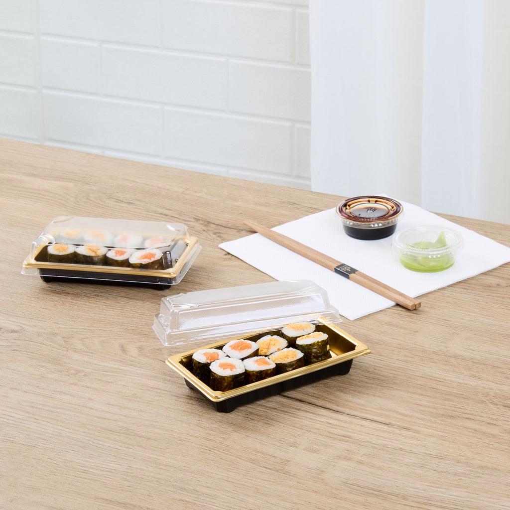 Roku Rectangle Gold Plastic Take Out Sushi Tray - with Clear Lid - 5 1/4" x 3 1/4" x 1 1/2" - 100 count box