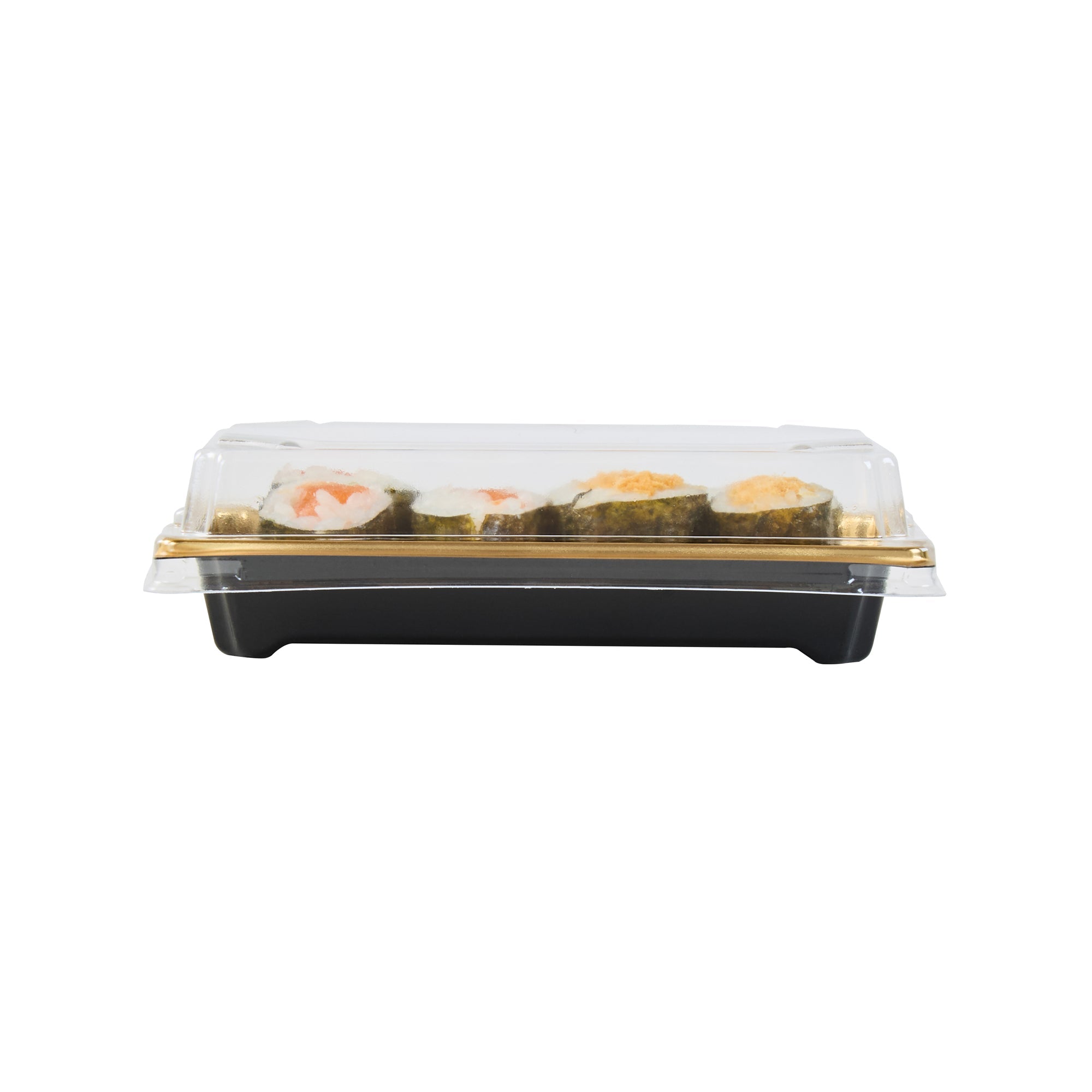 Roku Rectangle Gold Plastic Take Out Sushi Tray - with Clear Lid - 5 1/4" x 3 1/4" x 1 1/2" - 100 count box