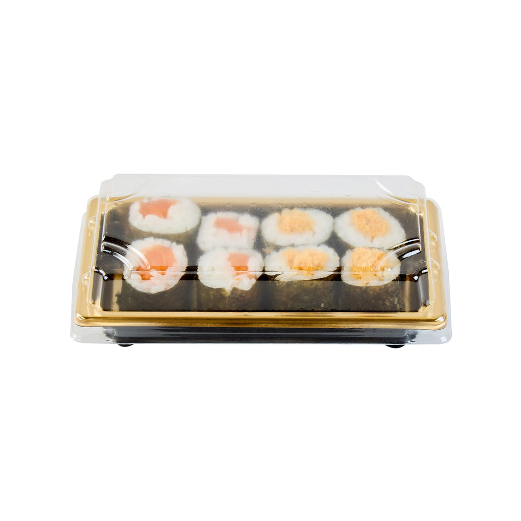 Roku Rectangle Gold Plastic Take Out Sushi Tray - with Clear Lid - 5 1/4" x 3 1/4" x 1 1/2" - 100 count box