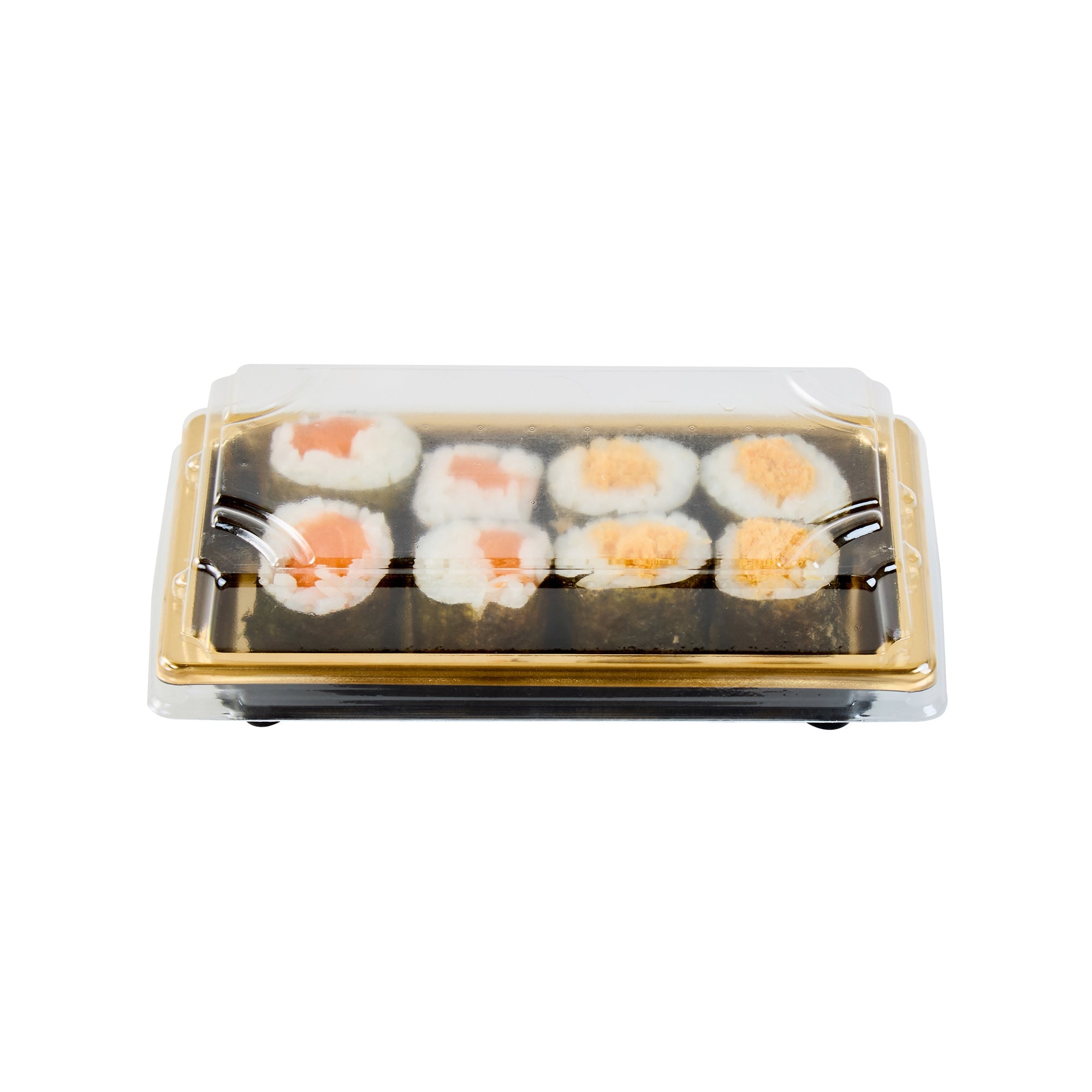 Roku Rectangle Gold Plastic Take Out Sushi Tray - with Clear Lid - 5 1/4" x 3 1/4" x 1 1/2" - 100 count box