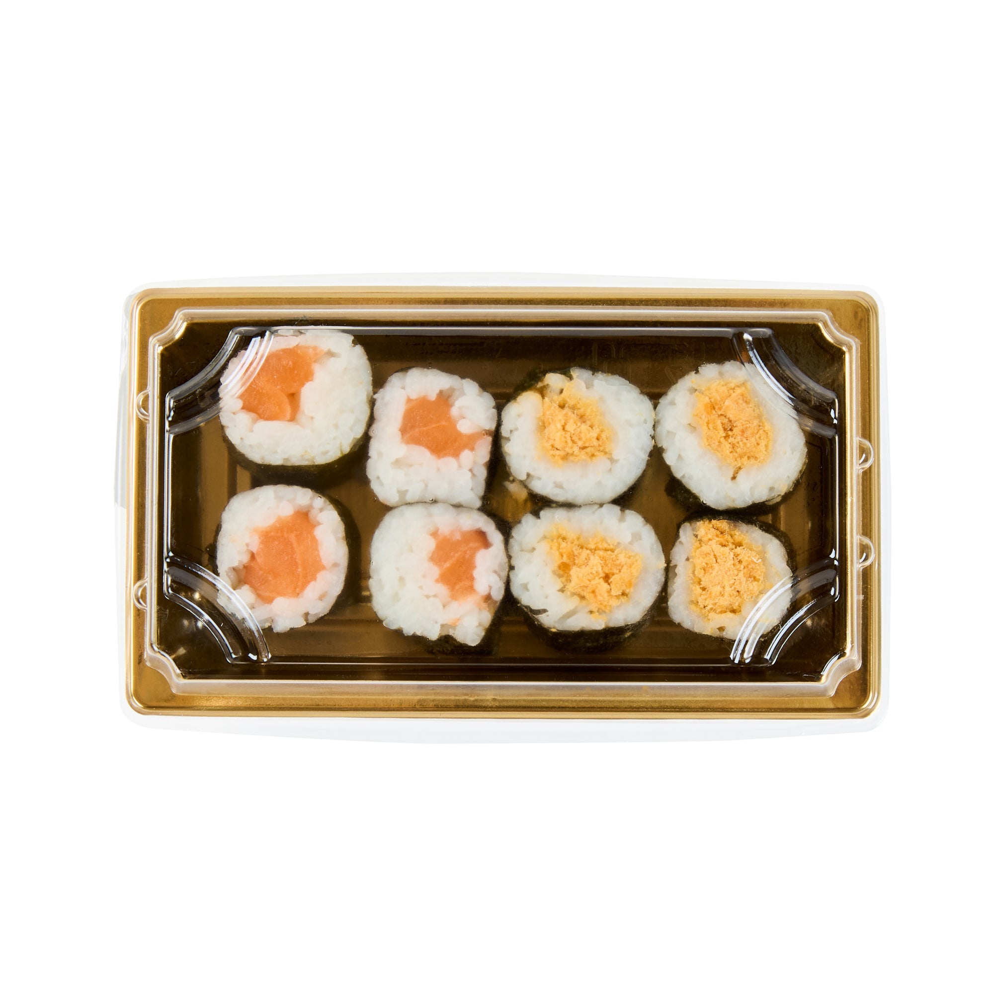 Roku Rectangle Gold Plastic Take Out Sushi Tray - with Clear Lid - 5 1/4" x 3 1/4" x 1 1/2" - 100 count box