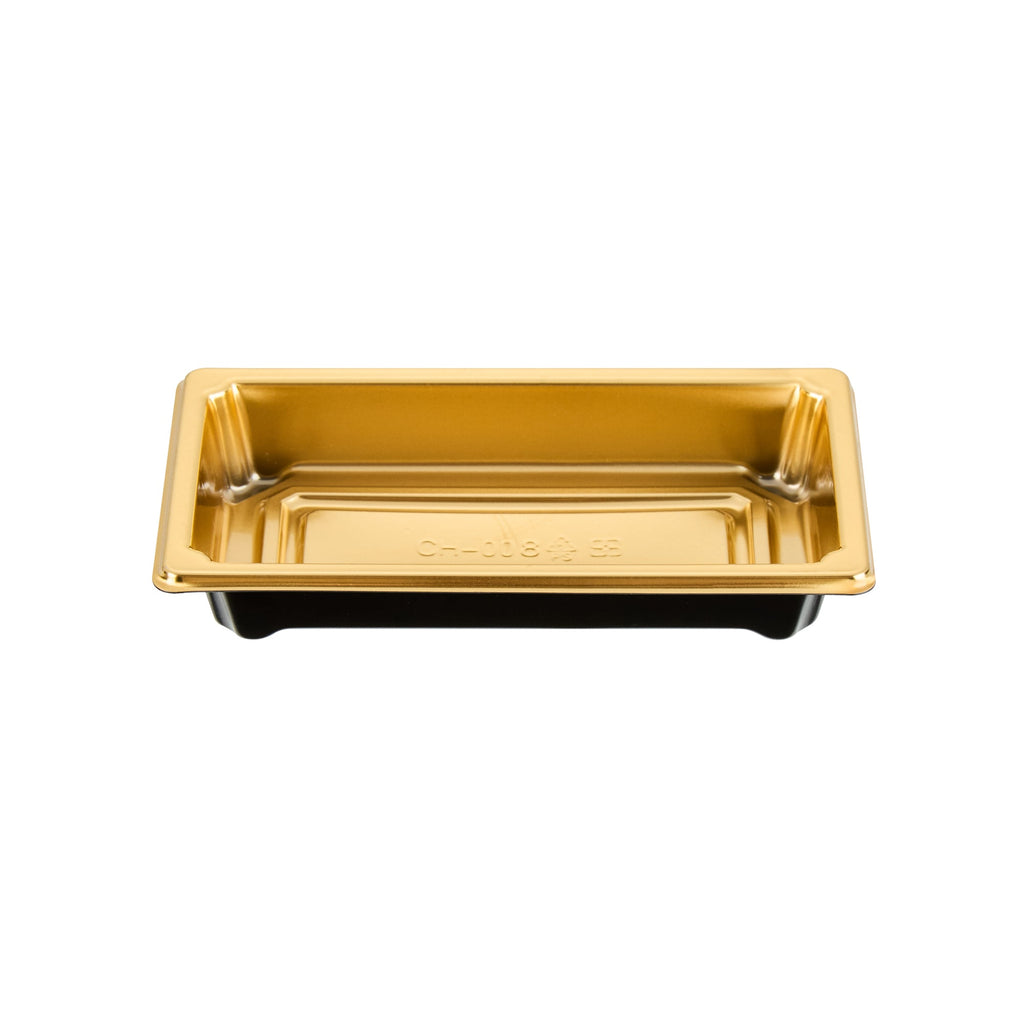 Roku Rectangle Gold Plastic Take Out Sushi Tray - with Clear Lid - 5 1/4" x 3 1/4" x 1 1/2" - 100 count box