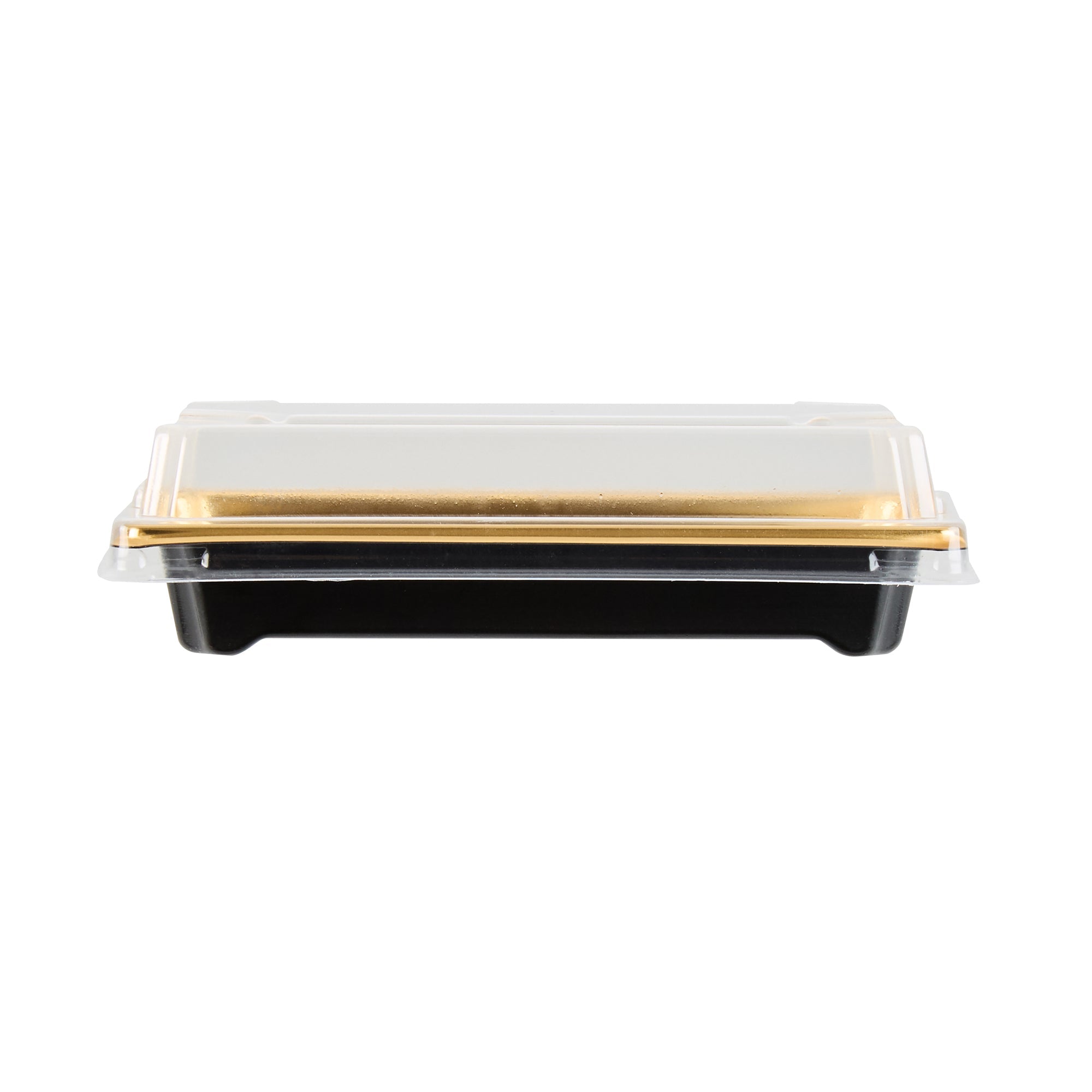 Roku Rectangle Gold Plastic Take Out Sushi Tray - with Clear Lid - 5 1/4" x 3 1/4" x 1 1/2" - 100 count box