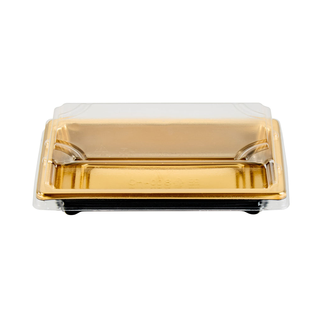 Roku Rectangle Gold Plastic Take Out Sushi Tray - with Clear Lid - 5 1/4" x 3 1/4" x 1 1/2" - 100 count box