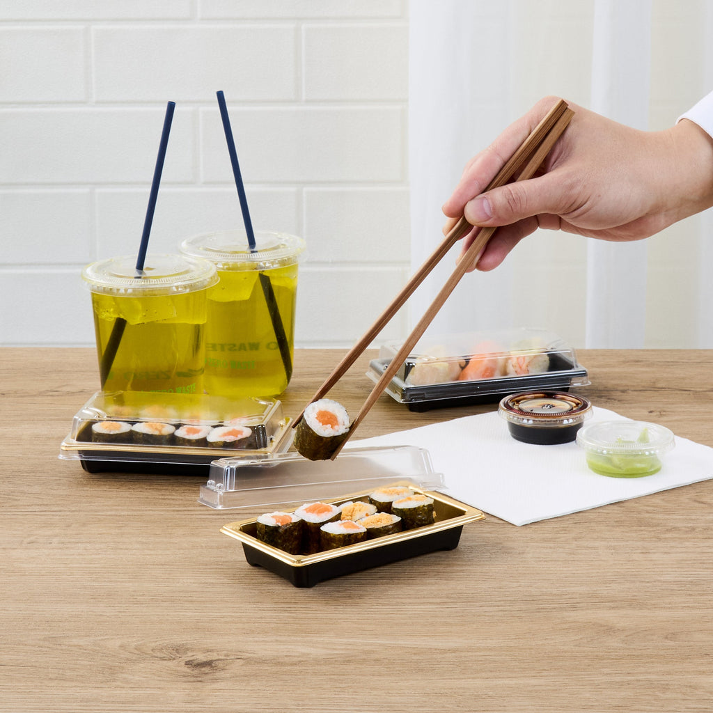 Roku Rectangle Gold Plastic Take Out Sushi Tray - with Clear Lid - 5 1/4" x 3 1/4" x 1 1/2" - 100 count box