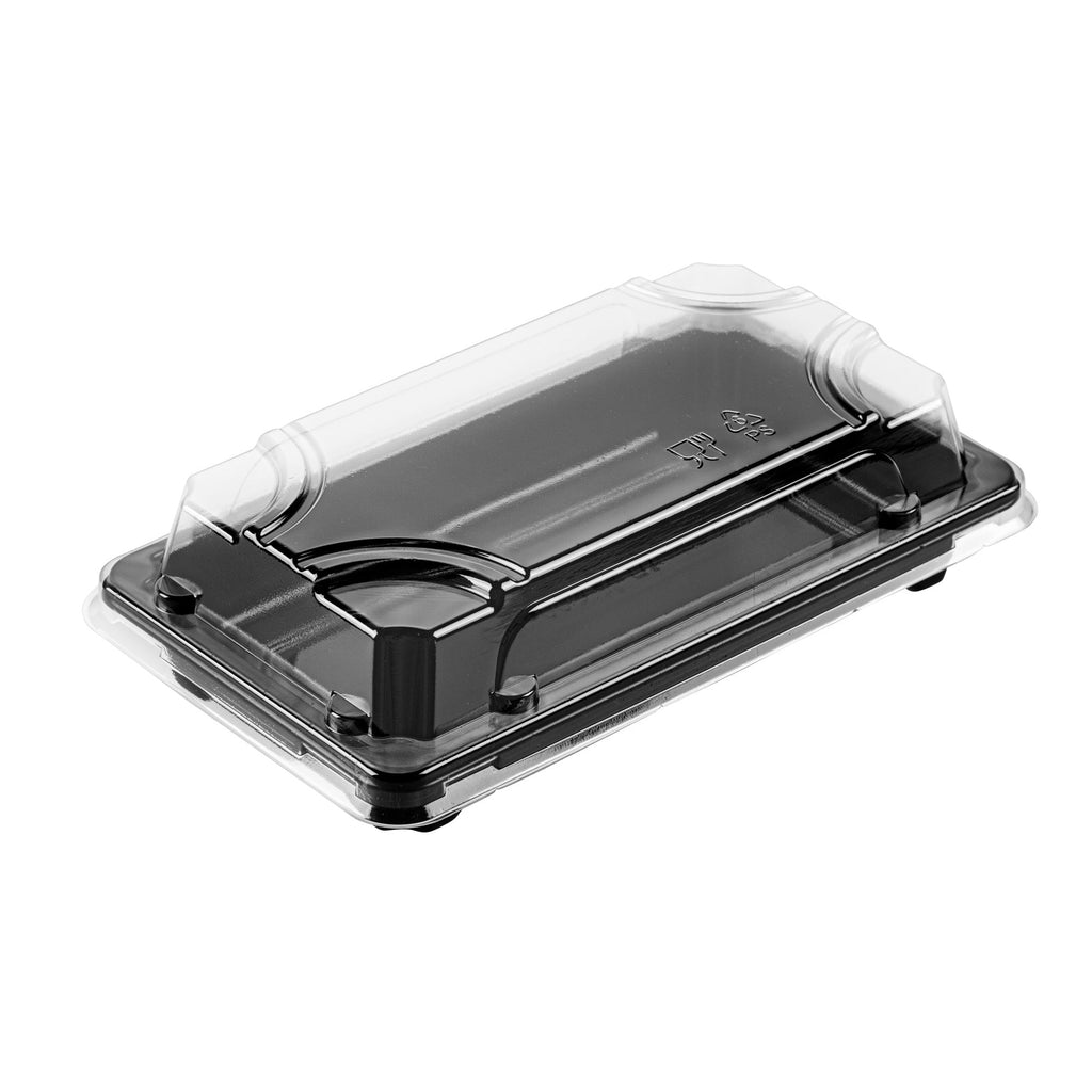 Roku Rectangle Black Plastic Take Out Sushi Tray - with Clear Lid - 6" x 3 1/2" x 1 3/4" - 100 count box
