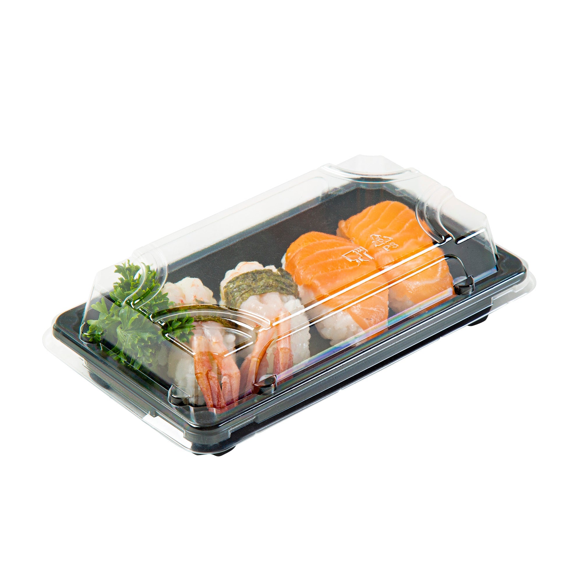 Roku Rectangle Black Plastic Take Out Sushi Tray - with Clear Lid - 6" x 3 1/2" x 1 3/4" - 100 count box