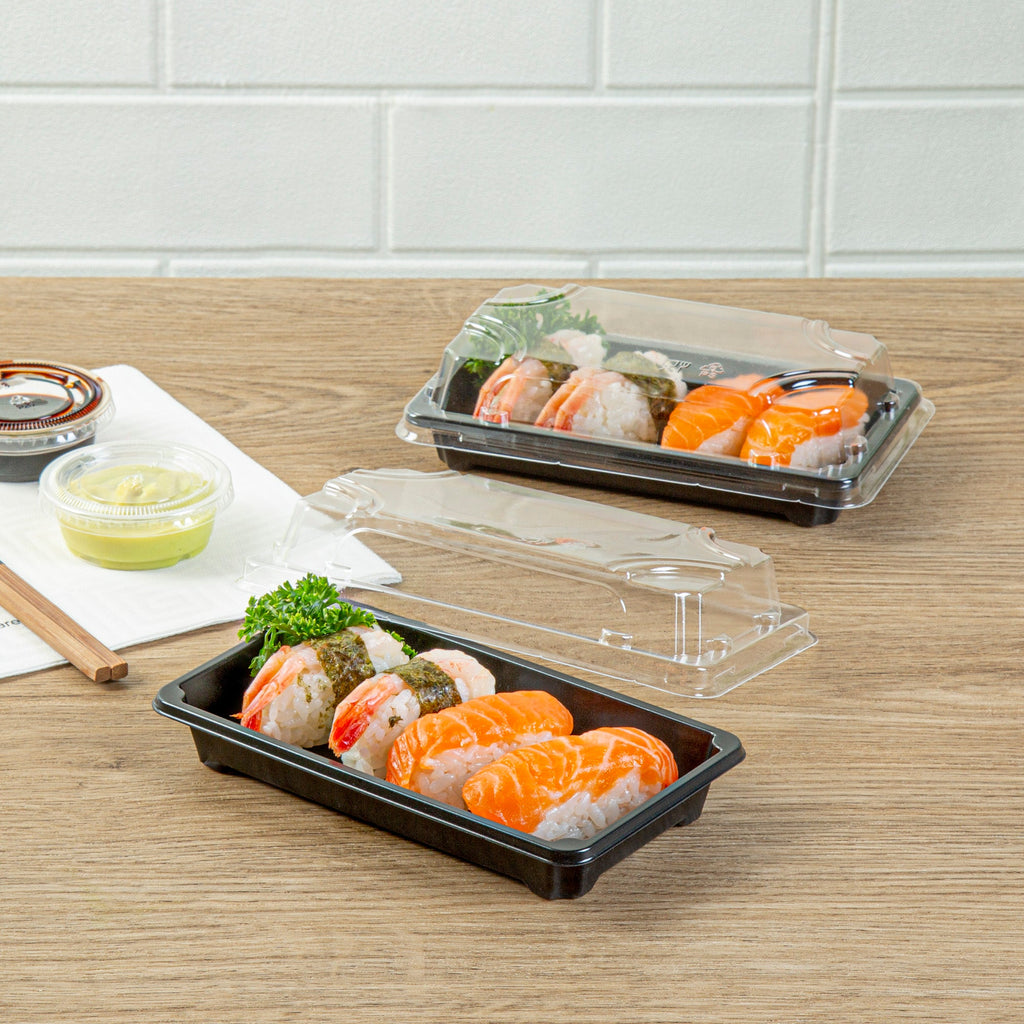 Roku Rectangle Black Plastic Take Out Sushi Tray - with Clear Lid - 6" x 3 1/2" x 1 3/4" - 100 count box