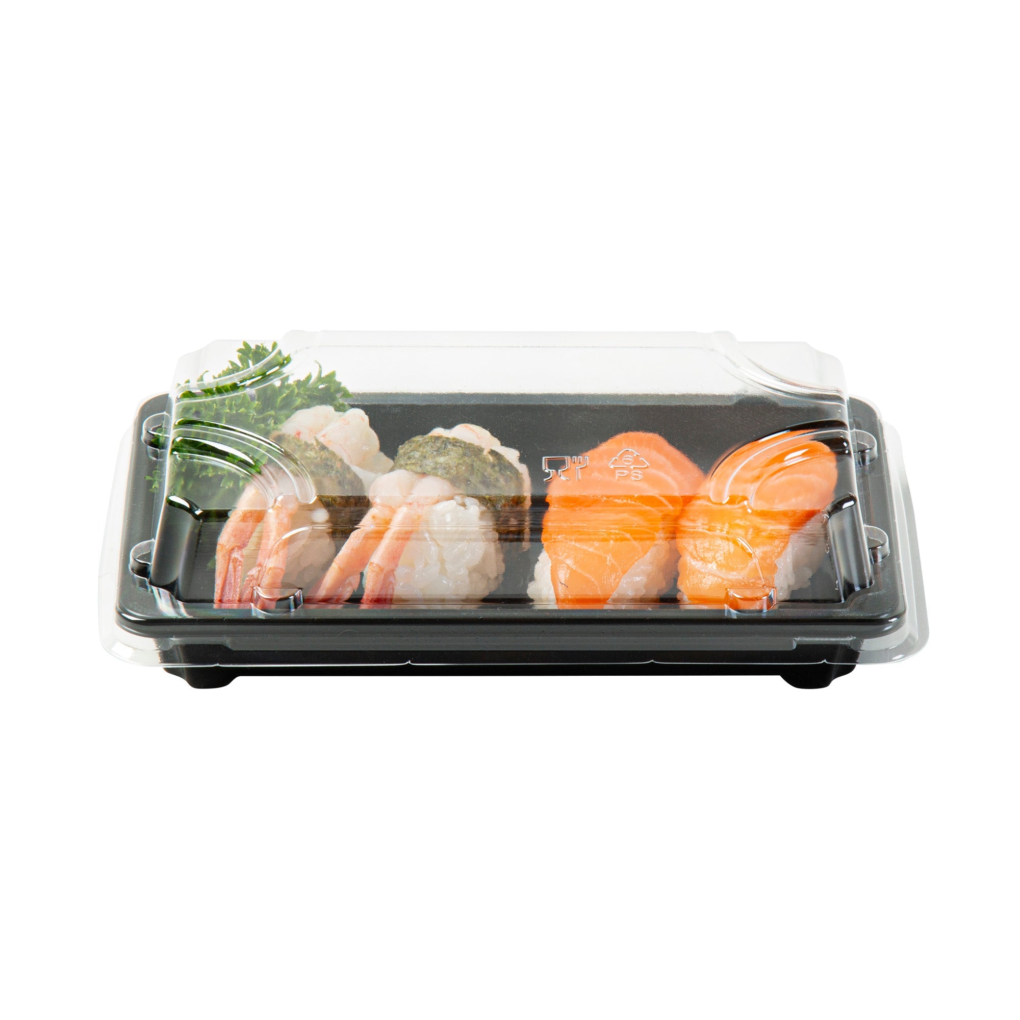 Roku Rectangle Black Plastic Take Out Sushi Tray - with Clear Lid - 6" x 3 1/2" x 1 3/4" - 100 count box