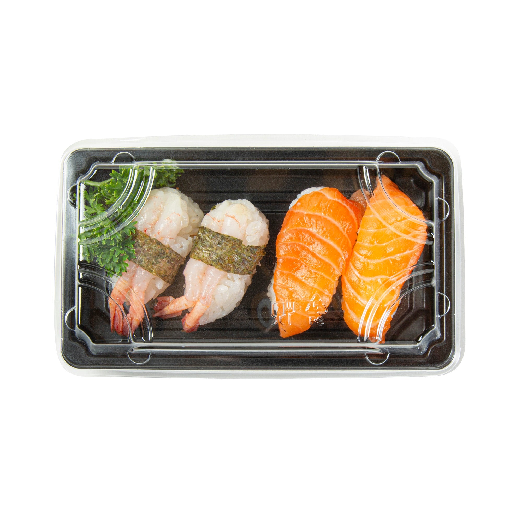 Roku Rectangle Black Plastic Take Out Sushi Tray - with Clear Lid - 6" x 3 1/2" x 1 3/4" - 100 count box