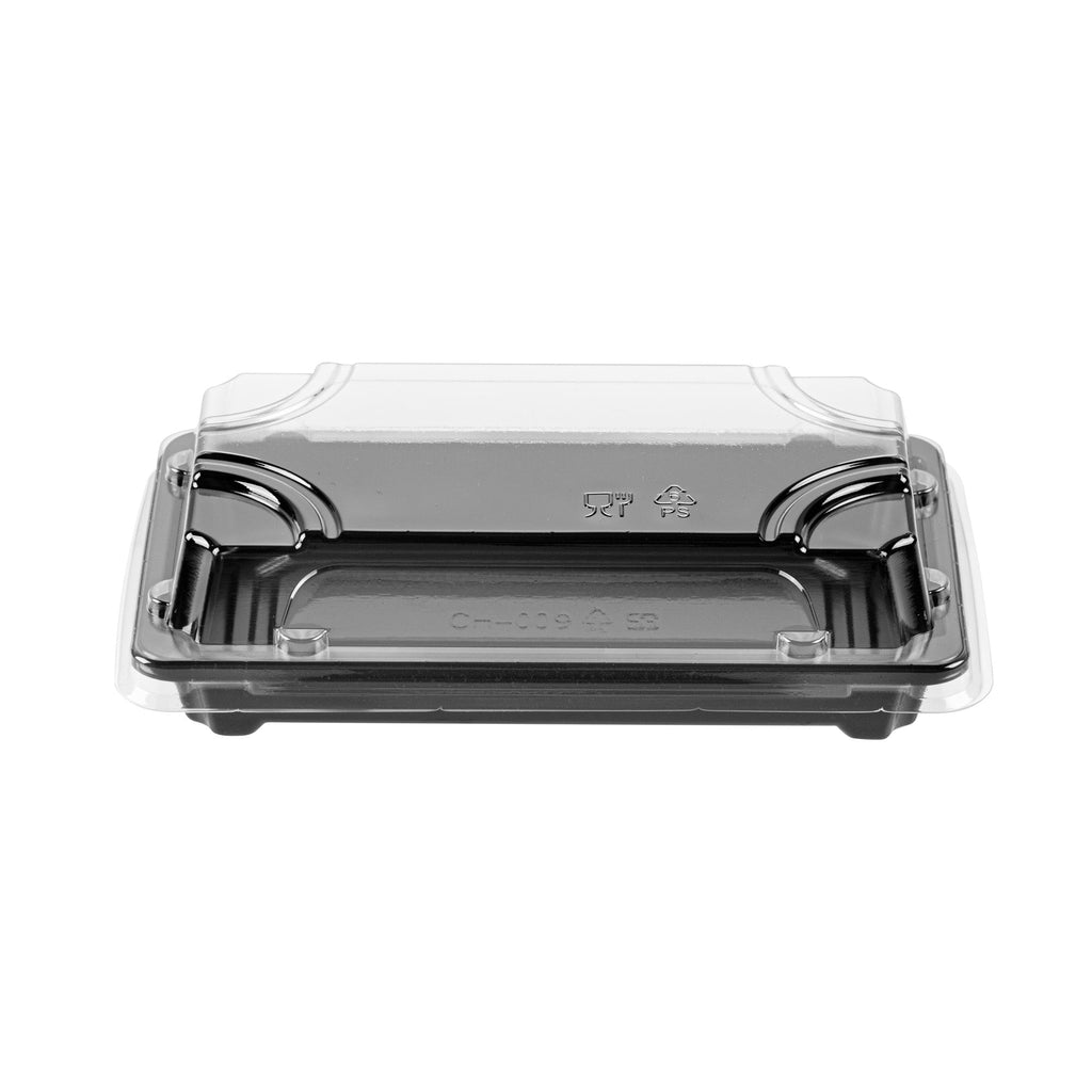 Roku Rectangle Black Plastic Take Out Sushi Tray - with Clear Lid - 6" x 3 1/2" x 1 3/4" - 100 count box