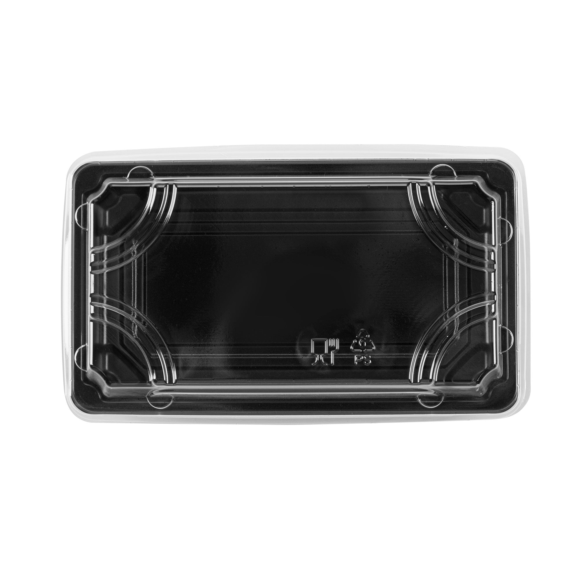 Roku Rectangle Black Plastic Take Out Sushi Tray - with Clear Lid - 6" x 3 1/2" x 1 3/4" - 100 count box