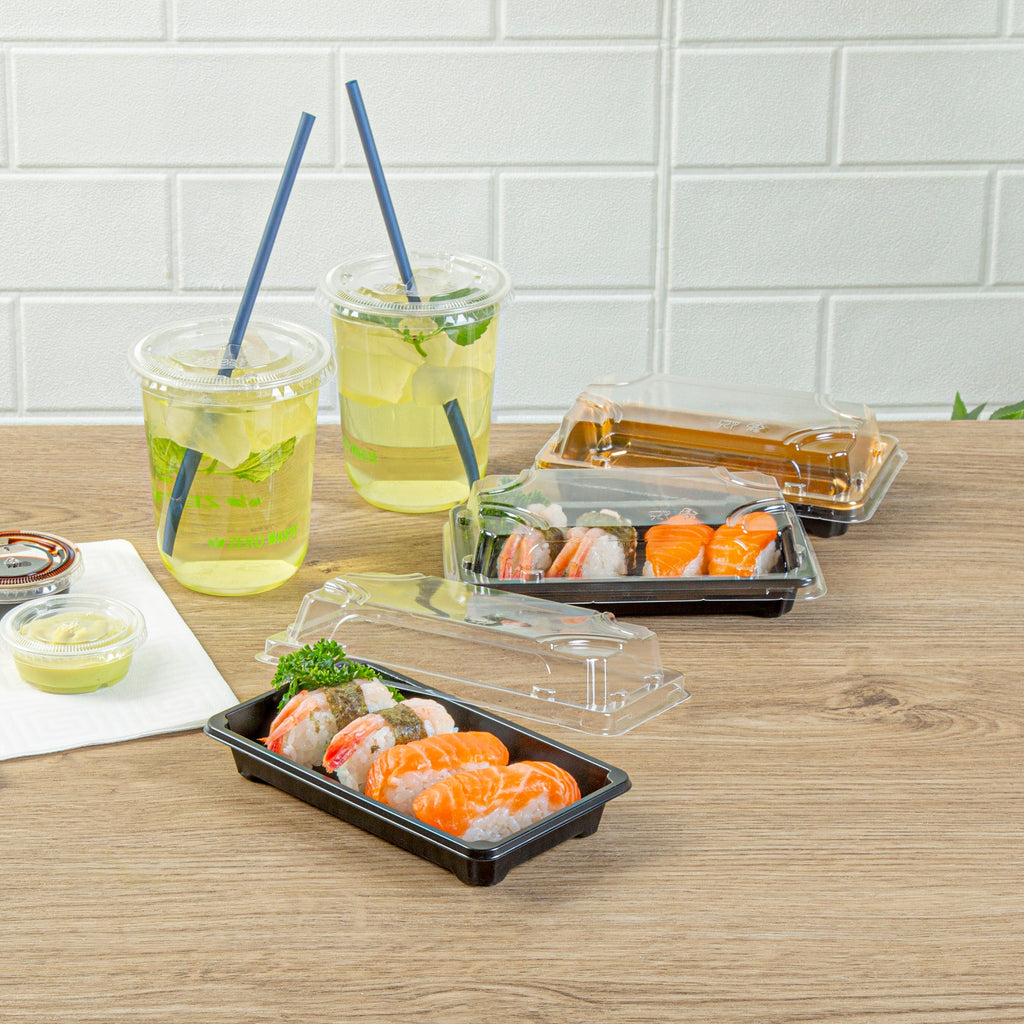 Roku Rectangle Black Plastic Take Out Sushi Tray - with Clear Lid - 6" x 3 1/2" x 1 3/4" - 100 count box