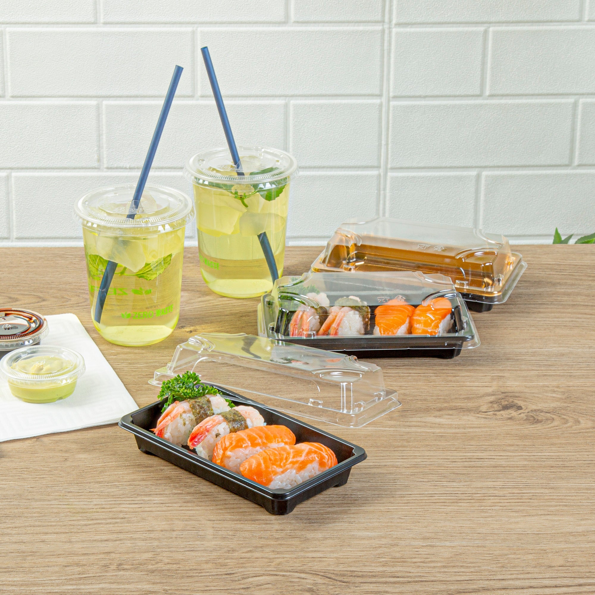 Roku Rectangle Black Plastic Take Out Sushi Tray - with Clear Lid - 6" x 3 1/2" x 1 3/4" - 100 count box