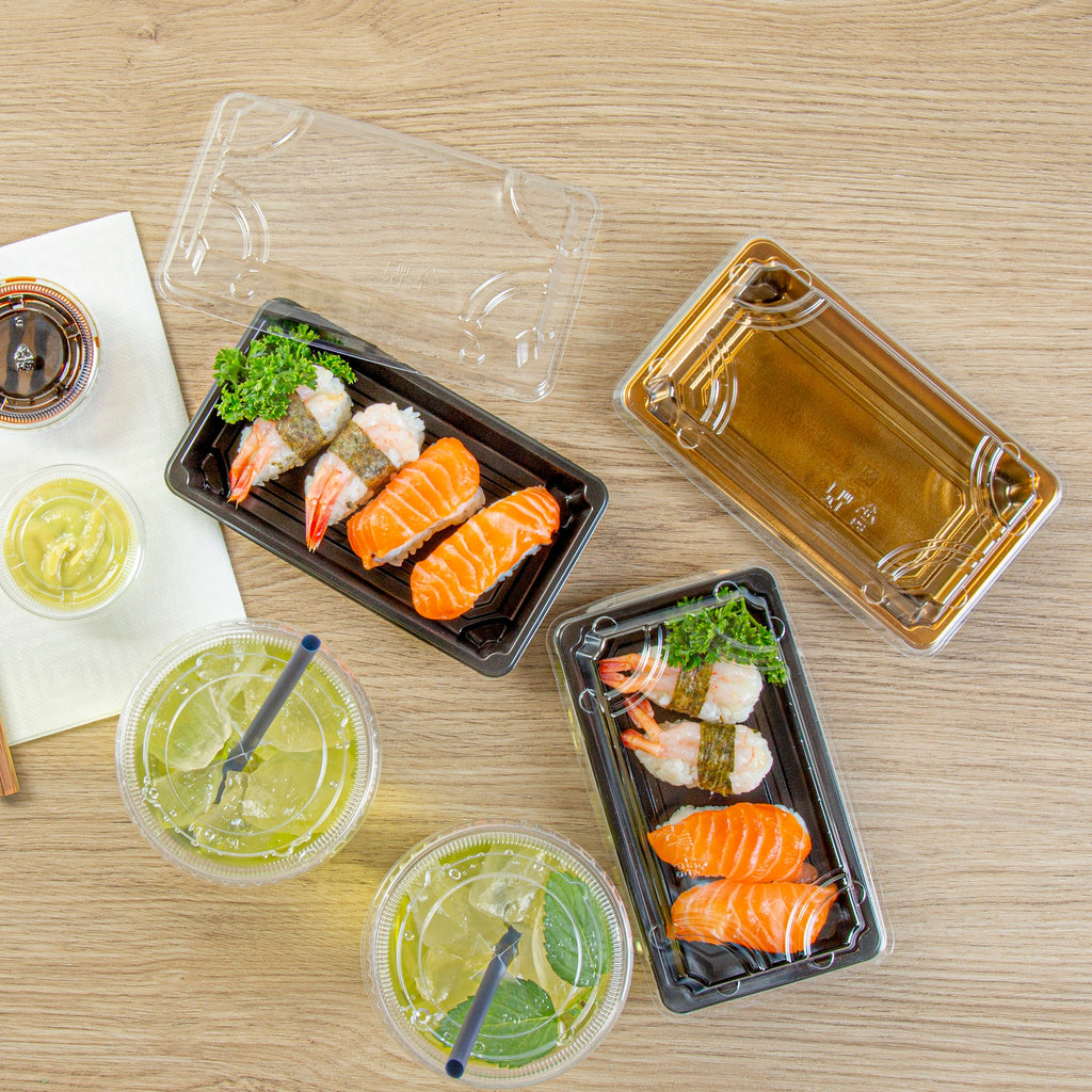 Roku Rectangle Black Plastic Take Out Sushi Tray - with Clear Lid - 6" x 3 1/2" x 1 3/4" - 100 count box