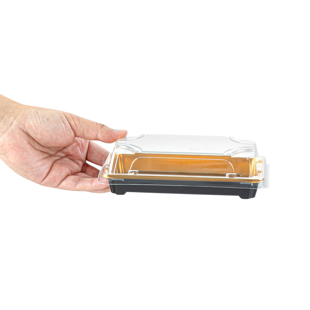 Roku Rectangle Gold Plastic Take Out Sushi Tray - with Clear Lid - 6" x 3 1/2" x 1 3/4" - 100 count box