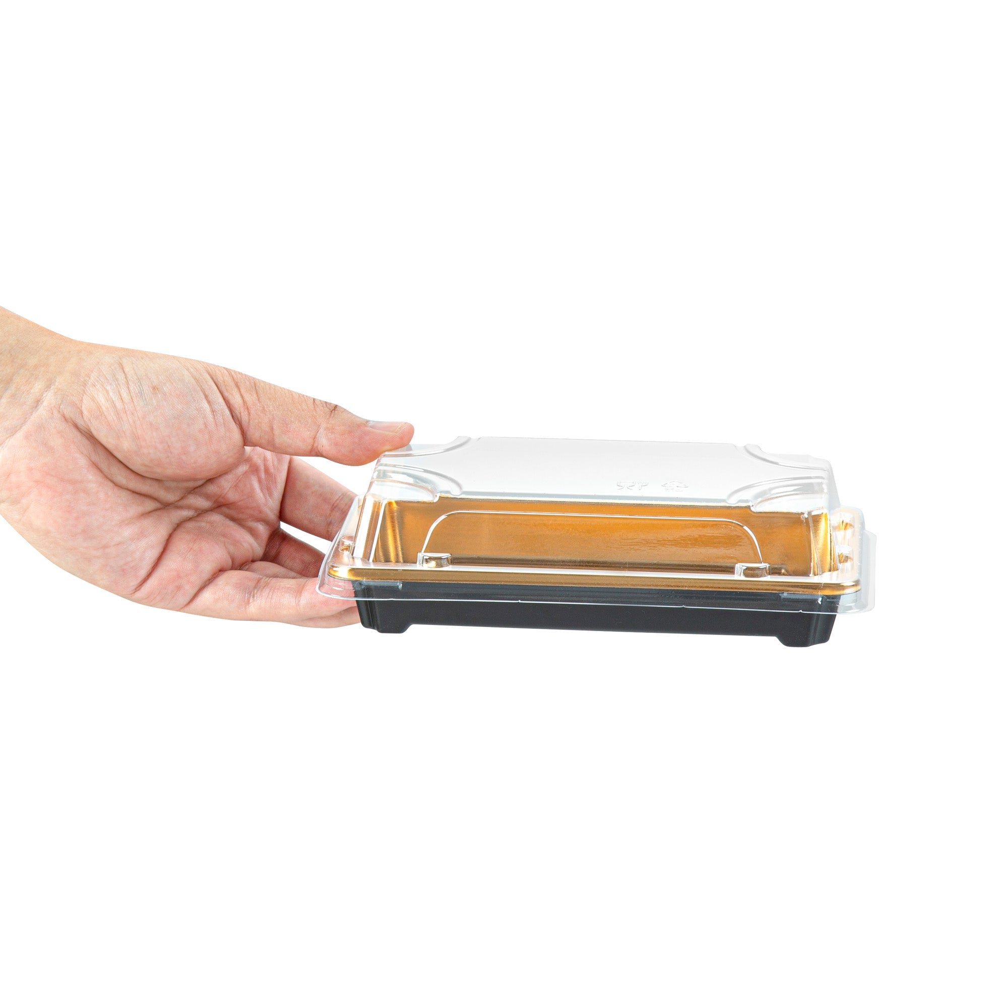Roku Rectangle Gold Plastic Take Out Sushi Tray - with Clear Lid - 6" x 3 1/2" x 1 3/4" - 100 count box