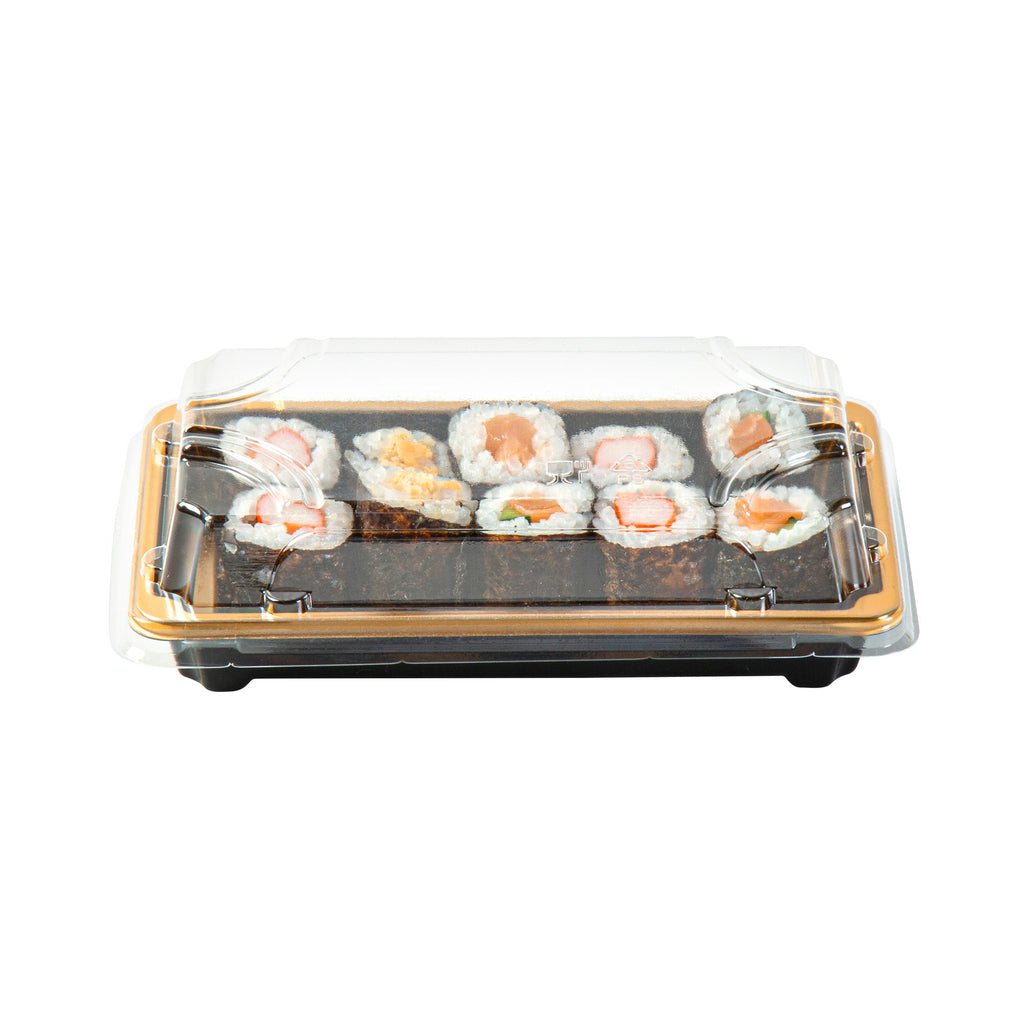 Roku Rectangle Gold Plastic Take Out Sushi Tray - with Clear Lid - 6" x 3 1/2" x 1 3/4" - 100 count box